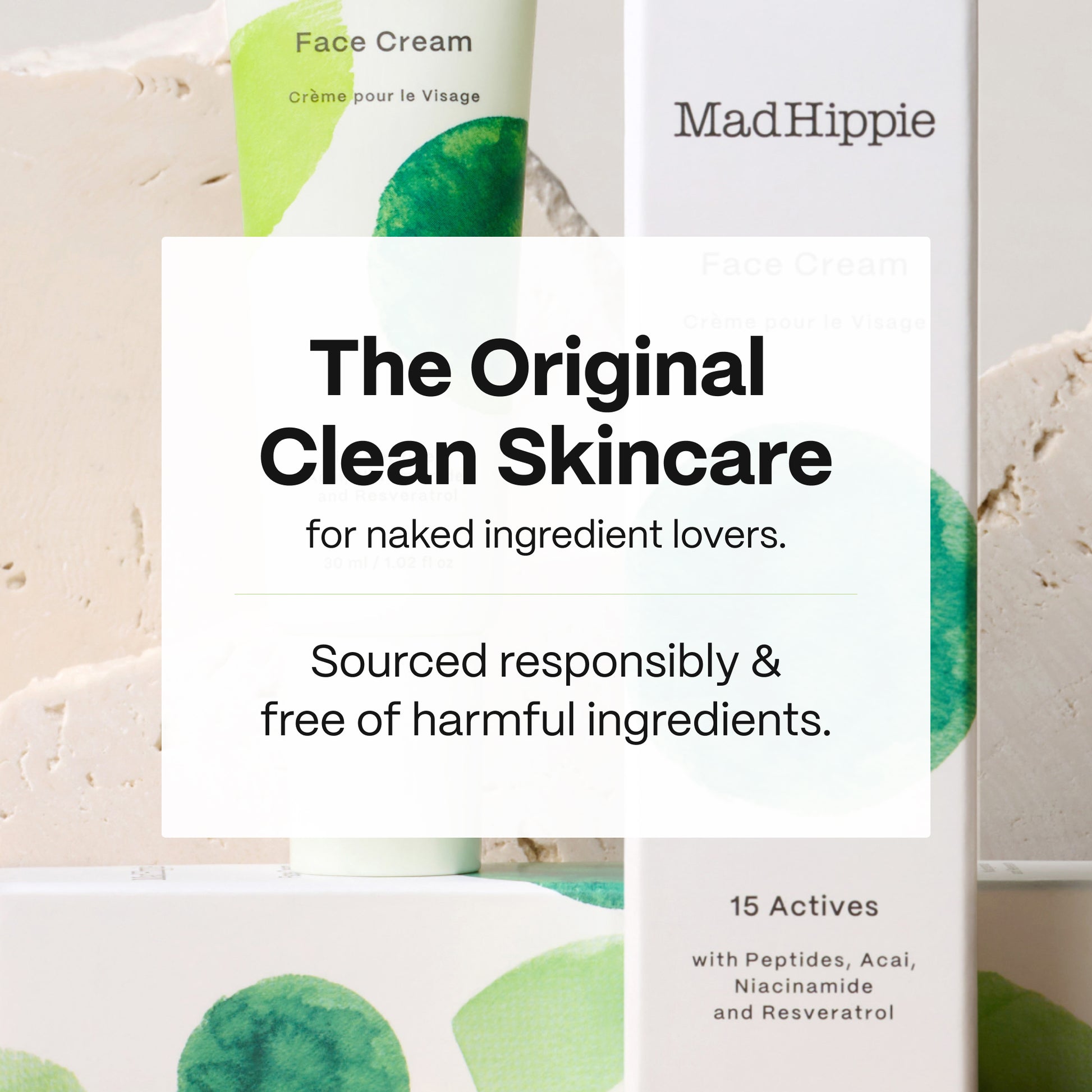 Gesichtscreme mit grünen Farbakzenten und Text. "The Original Clean Skincare" und "Sourced responsibly & free of harmful ingredients".