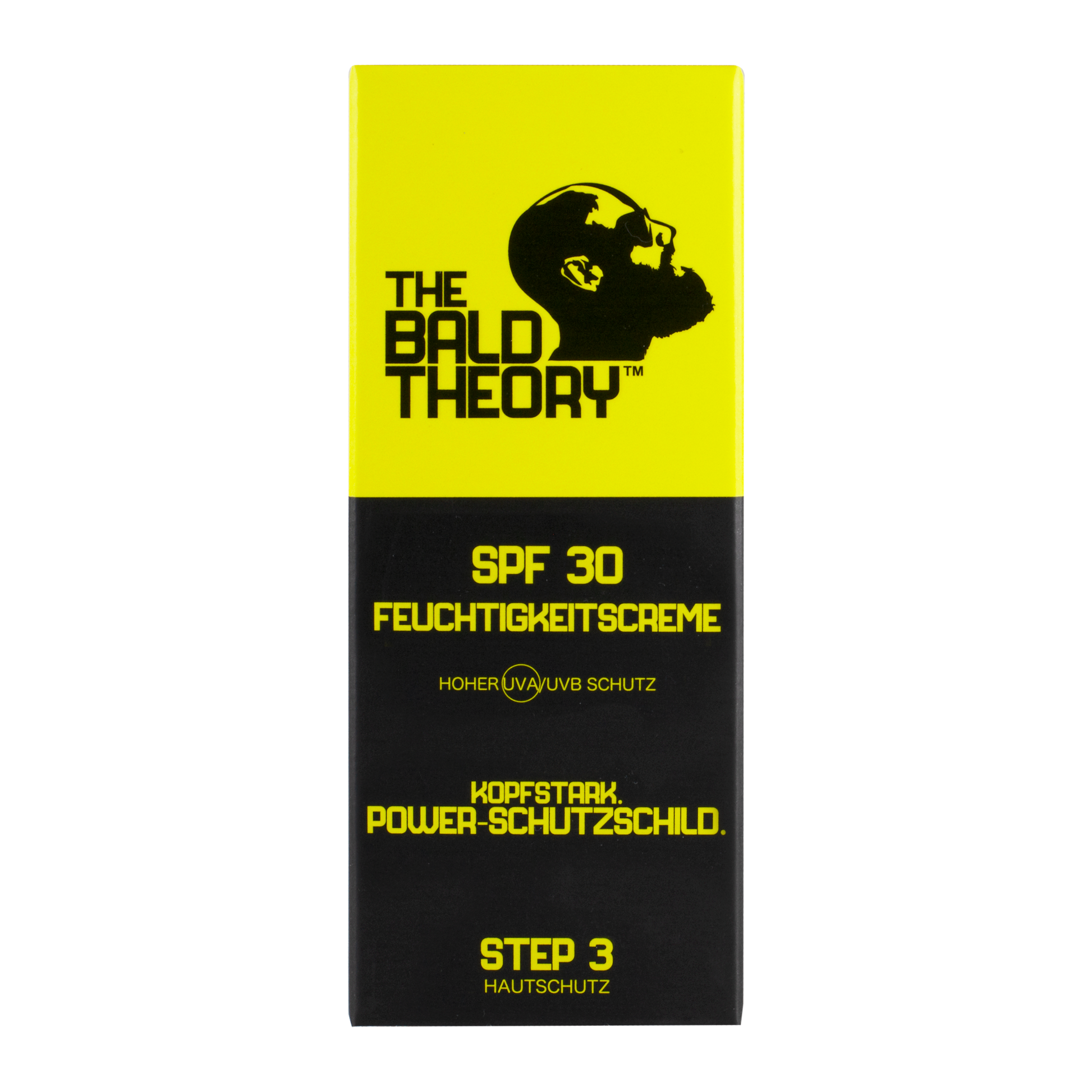 Gelber Karton mit dem Produkt "THE BALD THEORY Kopfhautcreme SPF 30". Schwarze Schrift und Grafik eines Kopfes ohne Haare. Feuchtigkeit und Sonnenschutz.