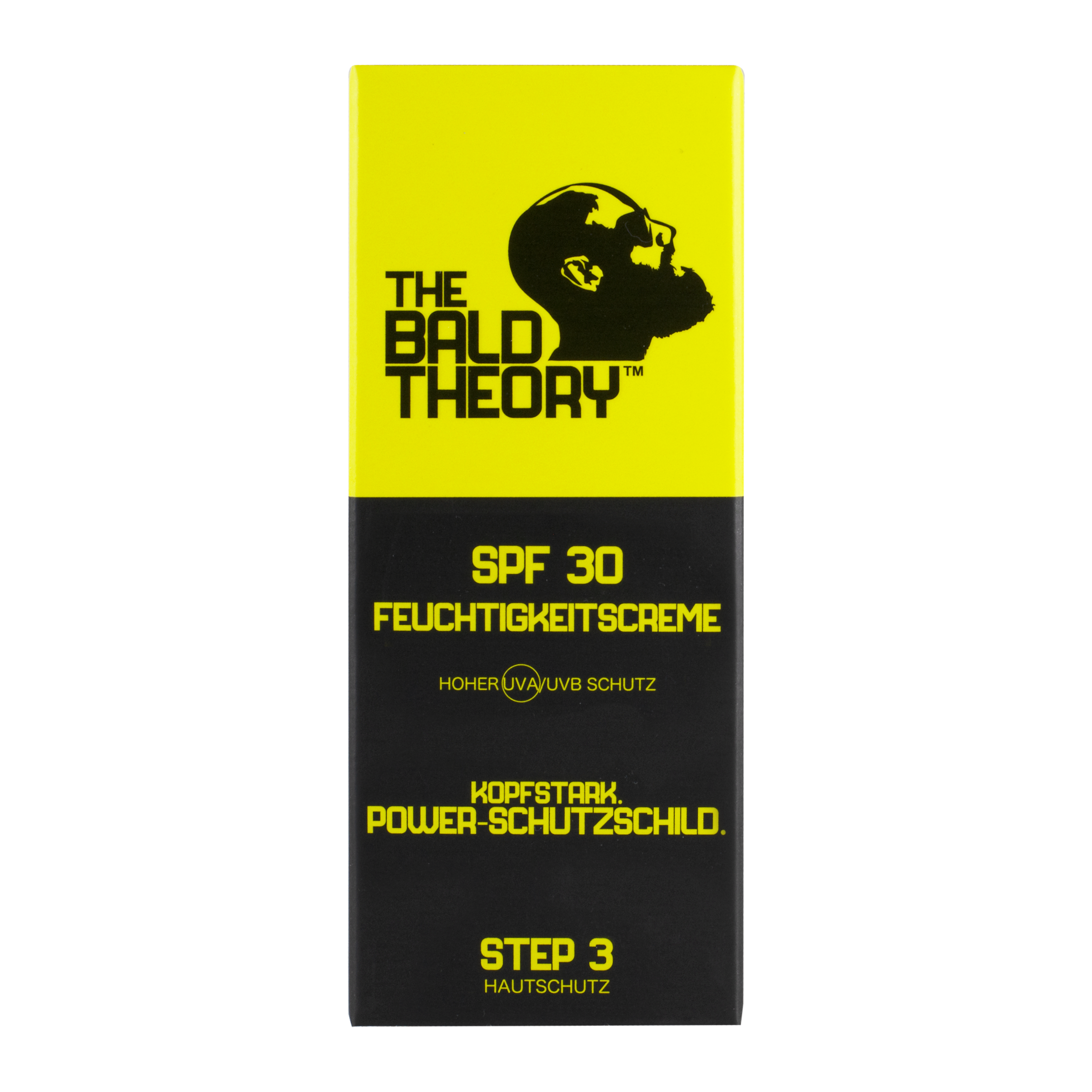 Gelber Karton mit dem Produkt "THE BALD THEORY Kopfhautcreme SPF 30". Schwarze Schrift und Grafik eines Kopfes ohne Haare. Feuchtigkeit und Sonnenschutz.