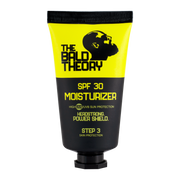 Tube der THE BALD THEORY Kopfhautcreme mit SPF 30, gelb-schwarzes Design. Feuchtigkeit & Sonnenschutz für Glatzenträger.
