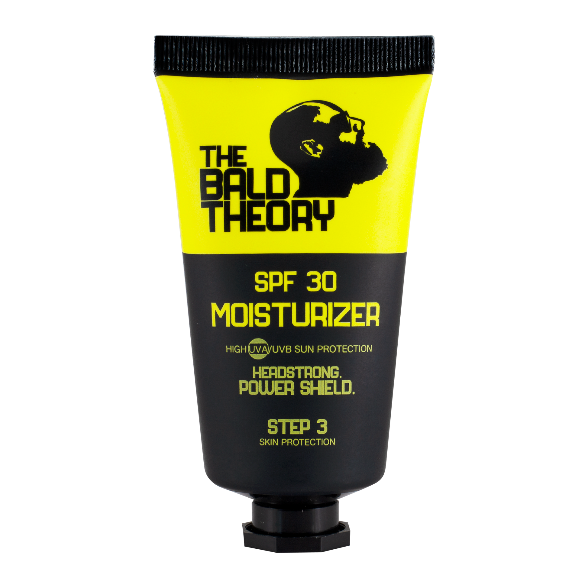 Tube der THE BALD THEORY Kopfhautcreme mit SPF 30, gelb-schwarzes Design. Feuchtigkeit & Sonnenschutz für Glatzenträger.