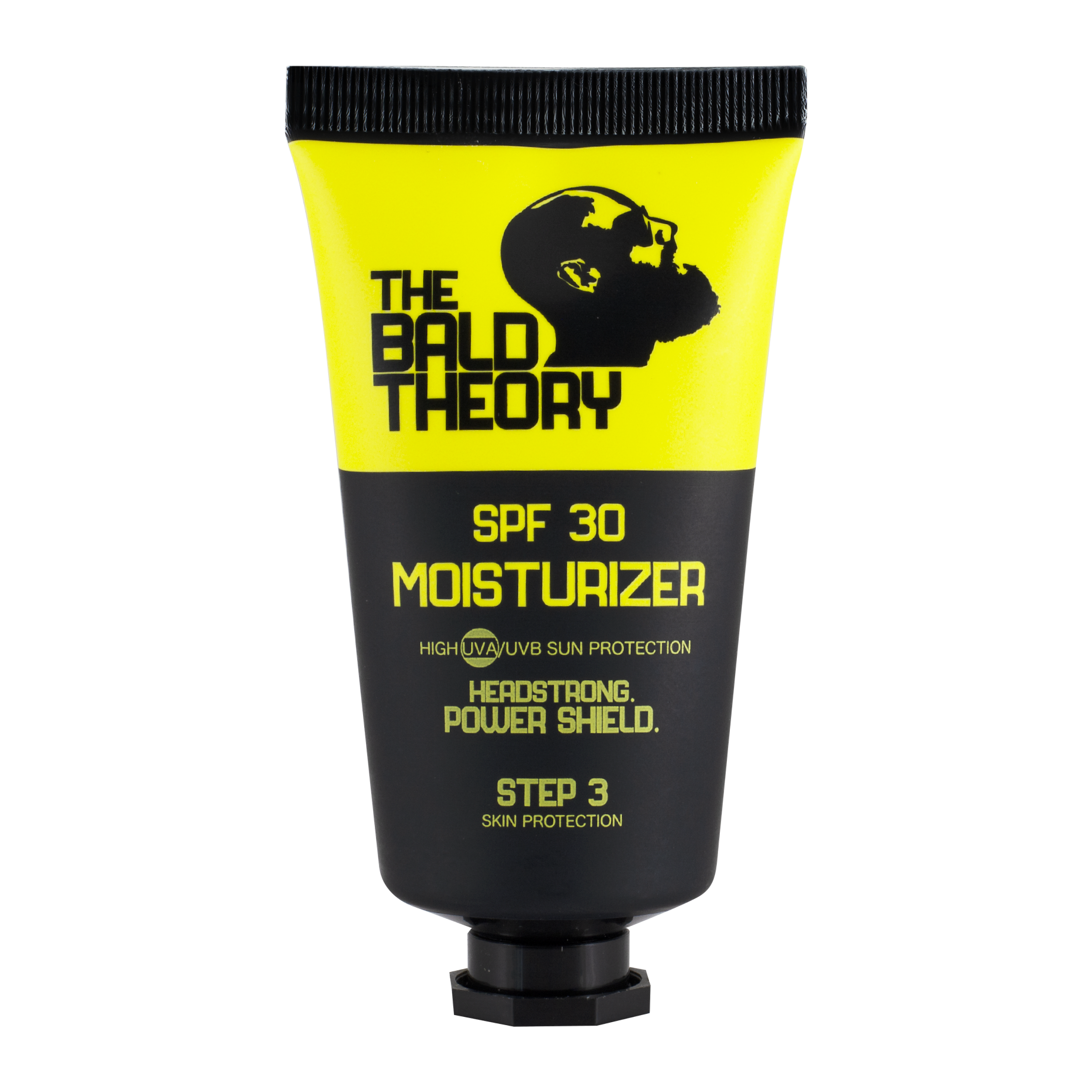 Tube der THE BALD THEORY Kopfhautcreme mit SPF 30, gelb-schwarzes Design. Feuchtigkeit & Sonnenschutz für Glatzenträger.