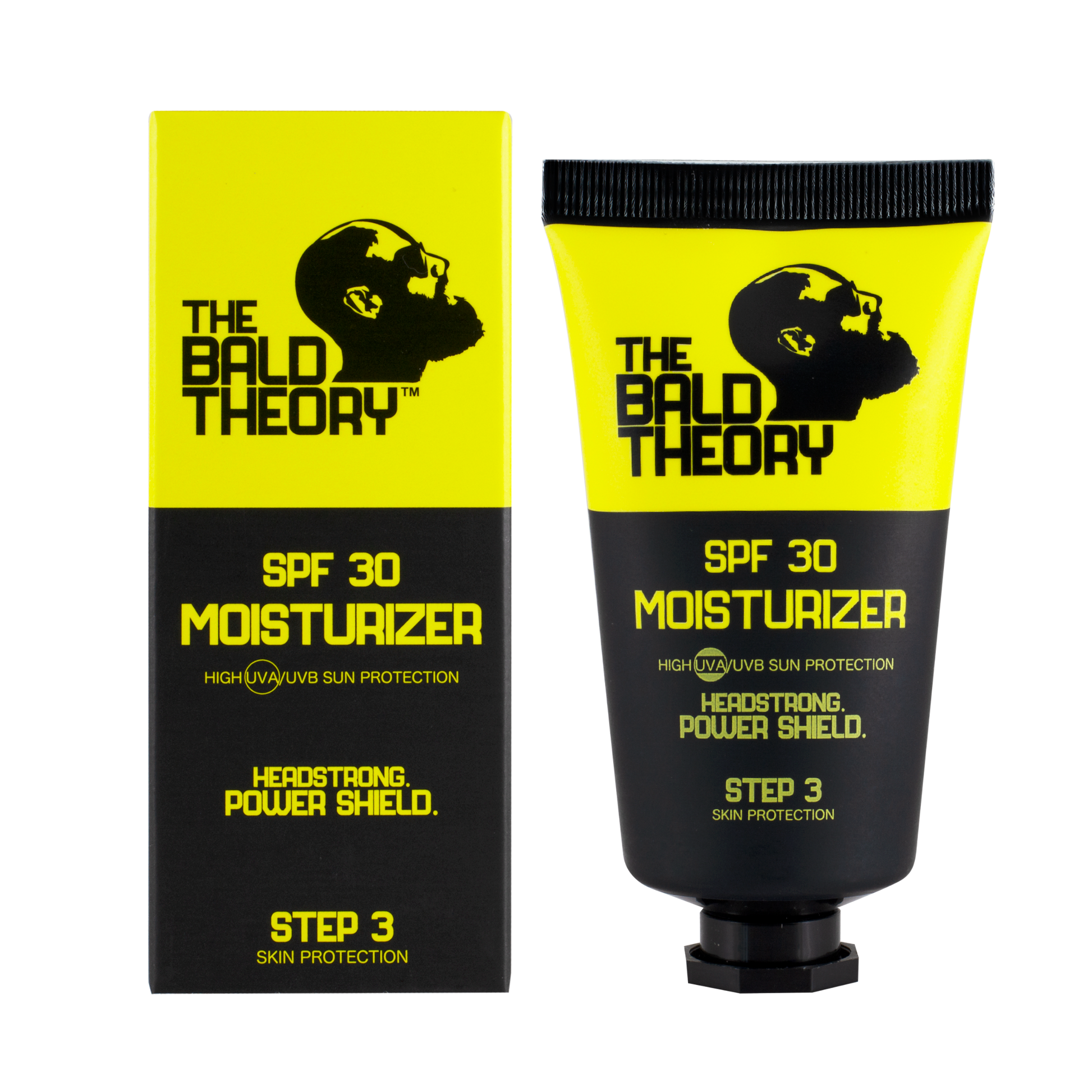 THE BALD THEORY Kopfhautcreme SPF 30 – Verpackung und Tube Sonnenschutz für Glatze