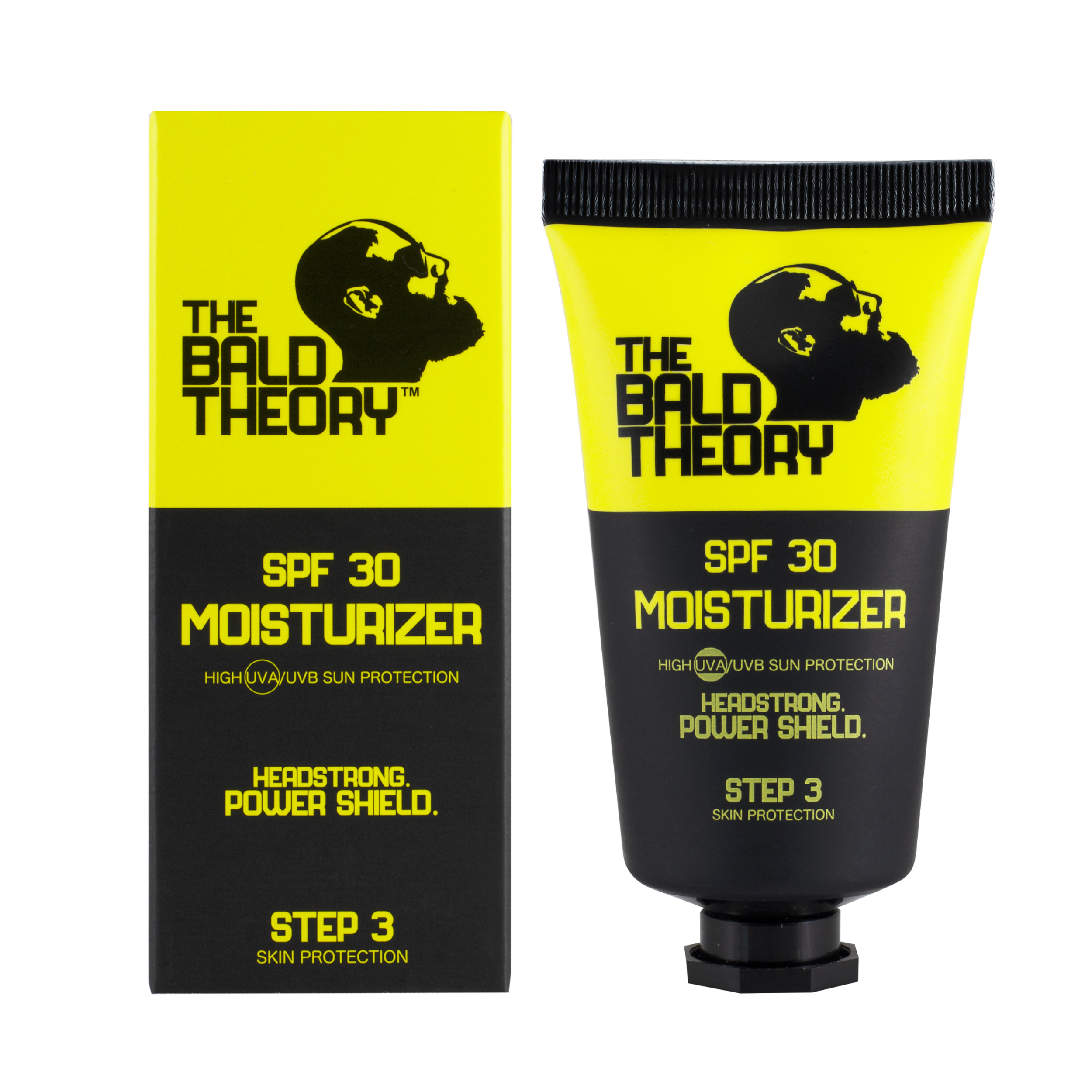THE BALD THEORY Kopfhautcreme SPF 30 – Verpackung und Tube Sonnenschutz für Glatze