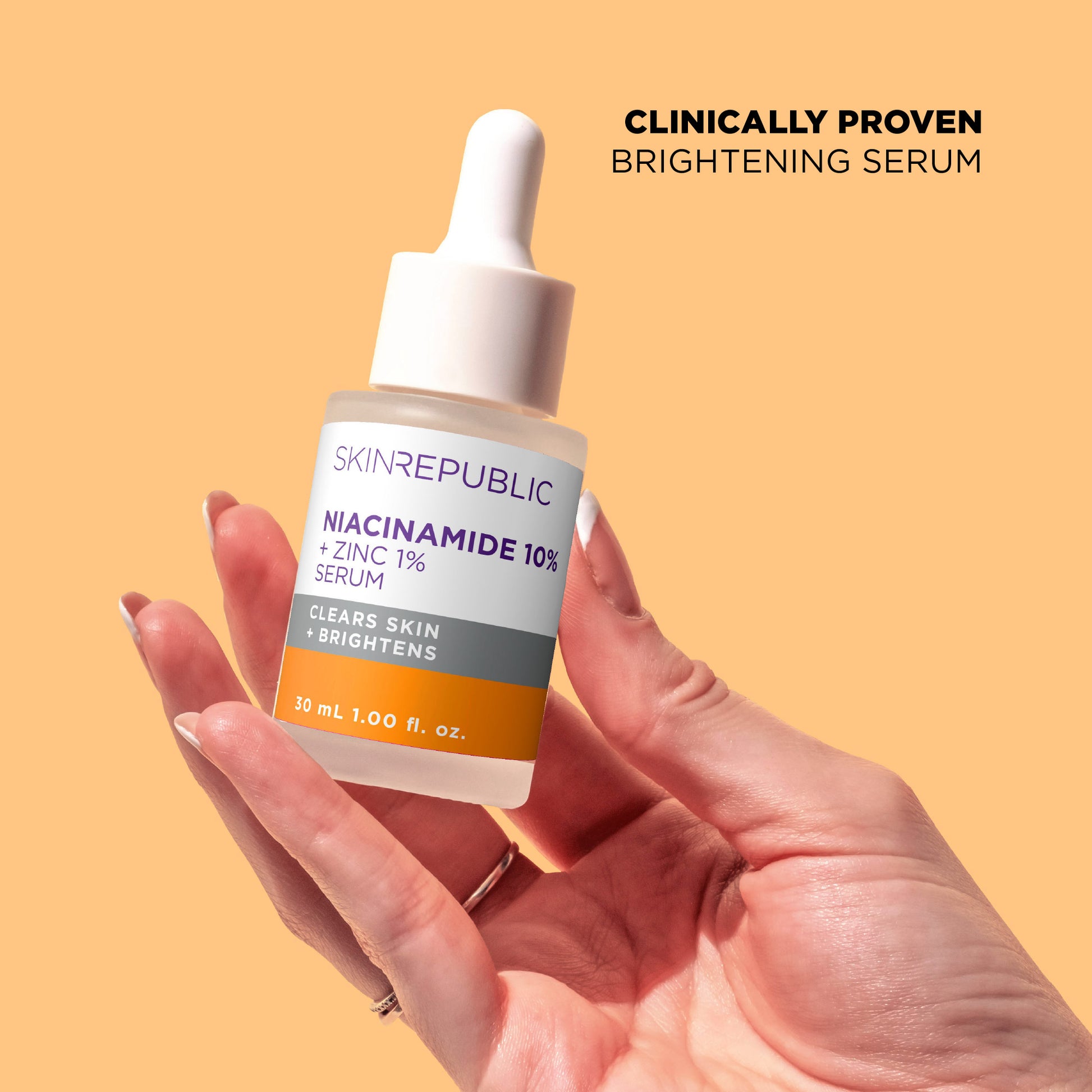 Eine Hand hält eine Flasche Niacinamid Serum vor einem hellorangen Hintergrund. Auf der Flasche steht "SKINREPUBLIC NIACINAMIDE 10% + ZINC 1% SERUM".