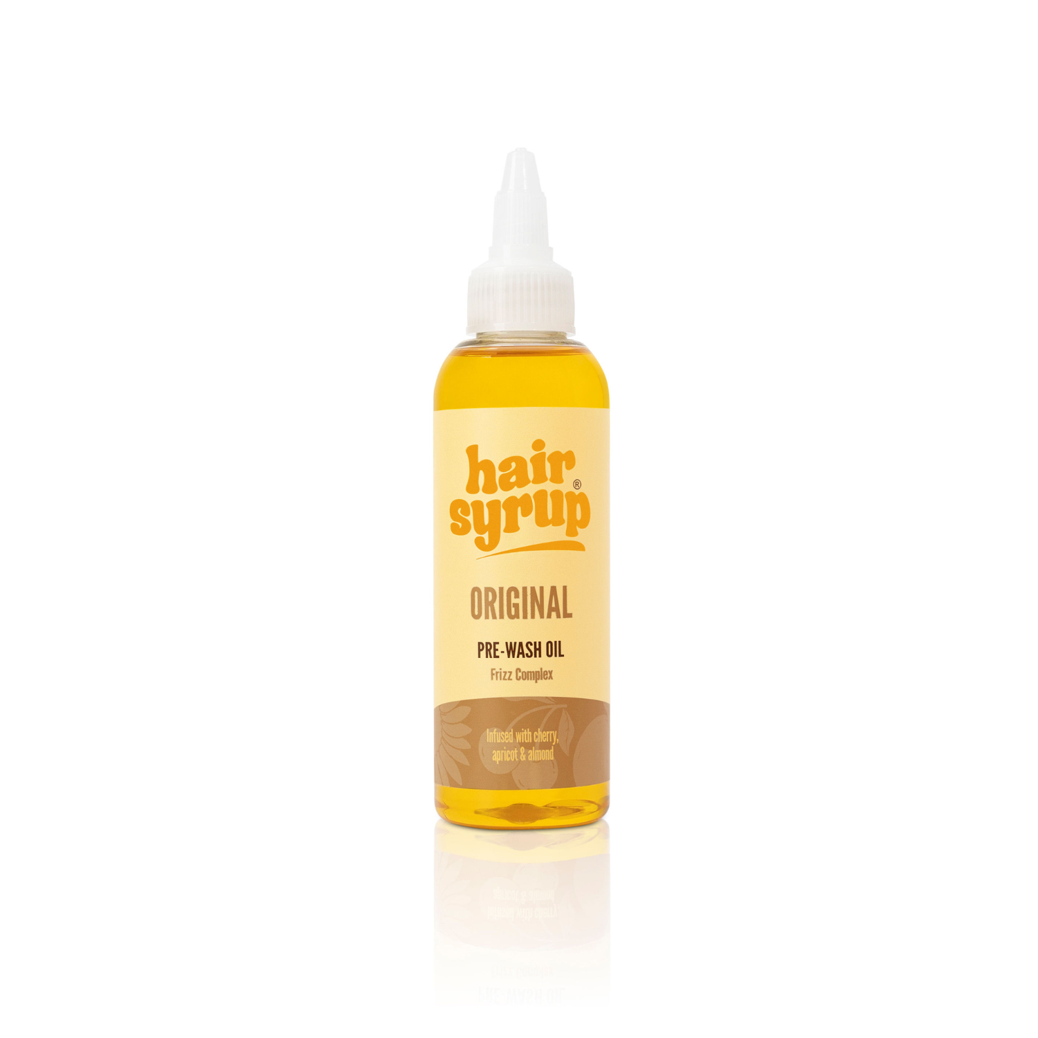 Gelbes Haaröl "Hair Syrup Original" in Plastikflasche mit weißem Drehverschluss. Beschriftet mit "Pre-Wash Oil, Frizz Complex", angereichert mit Kirsche, Aprikose und Mandel.