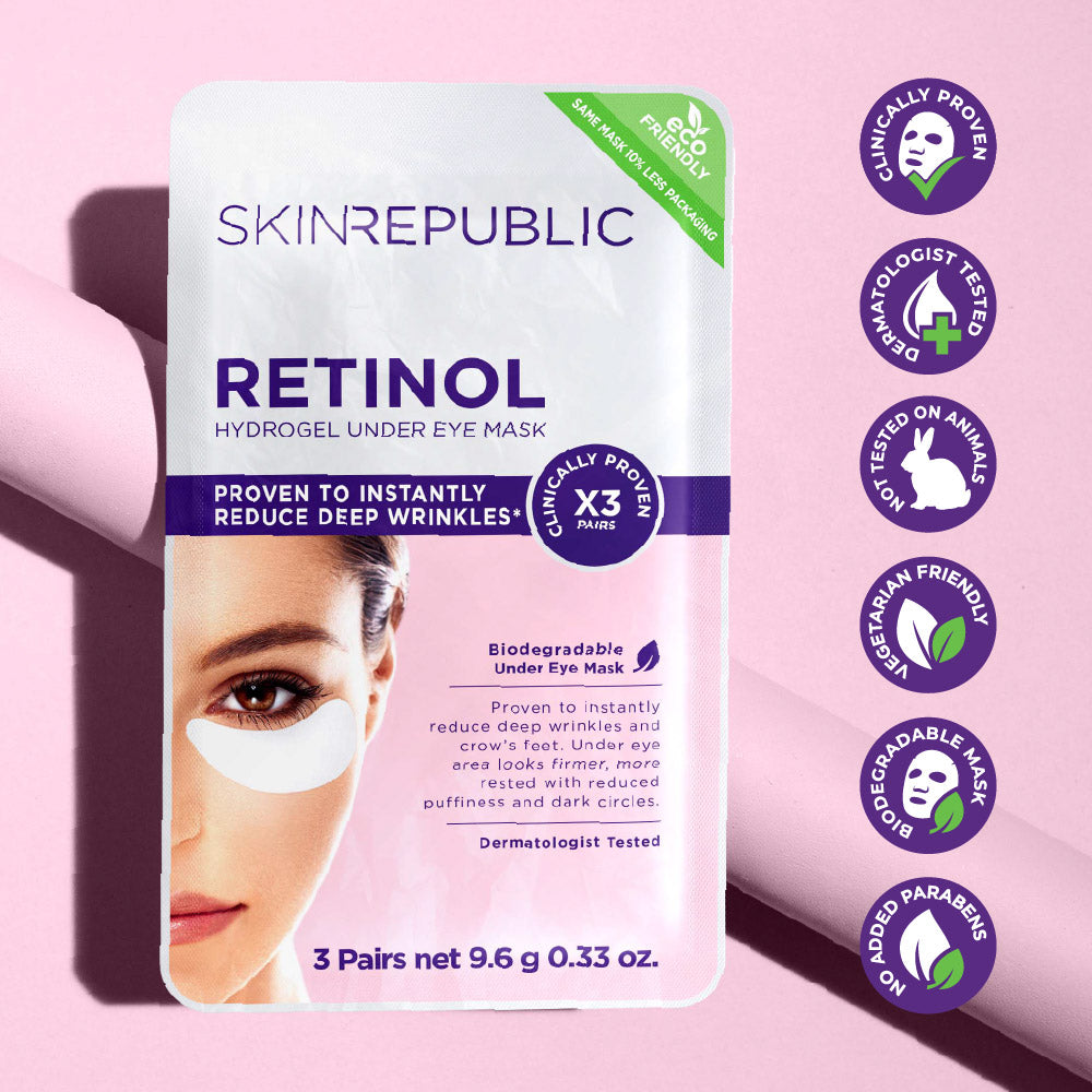 Verpackung von "Skin Republic Retinol Hydrogel Under Eye Mask". Auf der Packung sind Slogans wie "Clinically Proven" und "Dermatologist Tested". Eine Frau mit Augenmasken ist abgebildet.