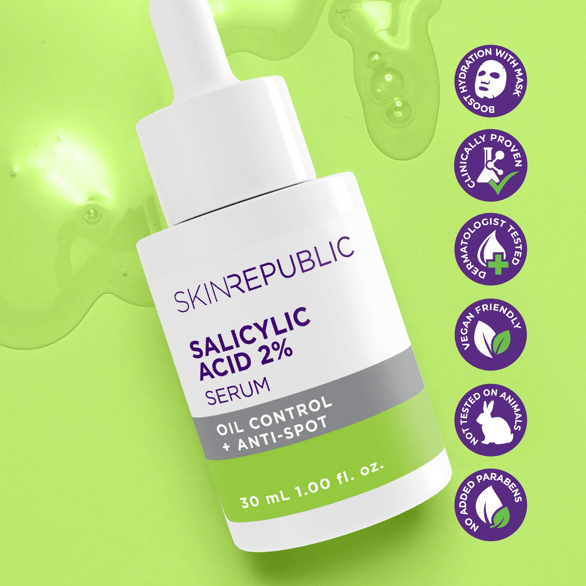Nahaufnahme eines Salicylsäure Serums. Das Serum hat eine weiße Flasche und einen weißen Tropfapplikator, mit verschiedenen Siegeln und Hinweisen zum Produkt auf der rechten Seite.