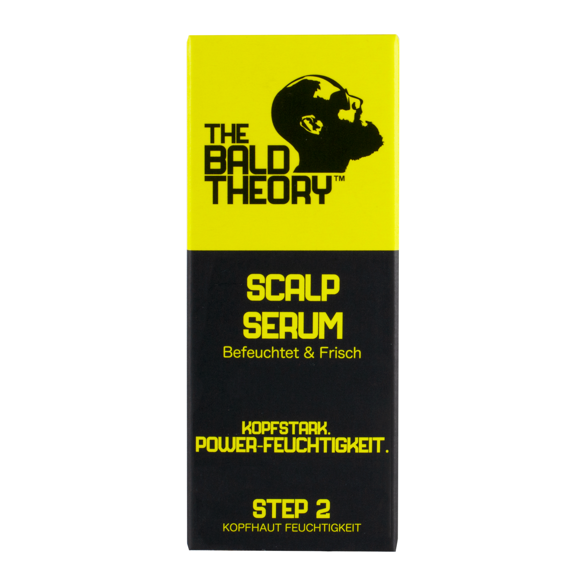 Frente da embalagem amarela e preta do sérum para o couro cabeludo THE BALD THEORY sobre um fundo preto