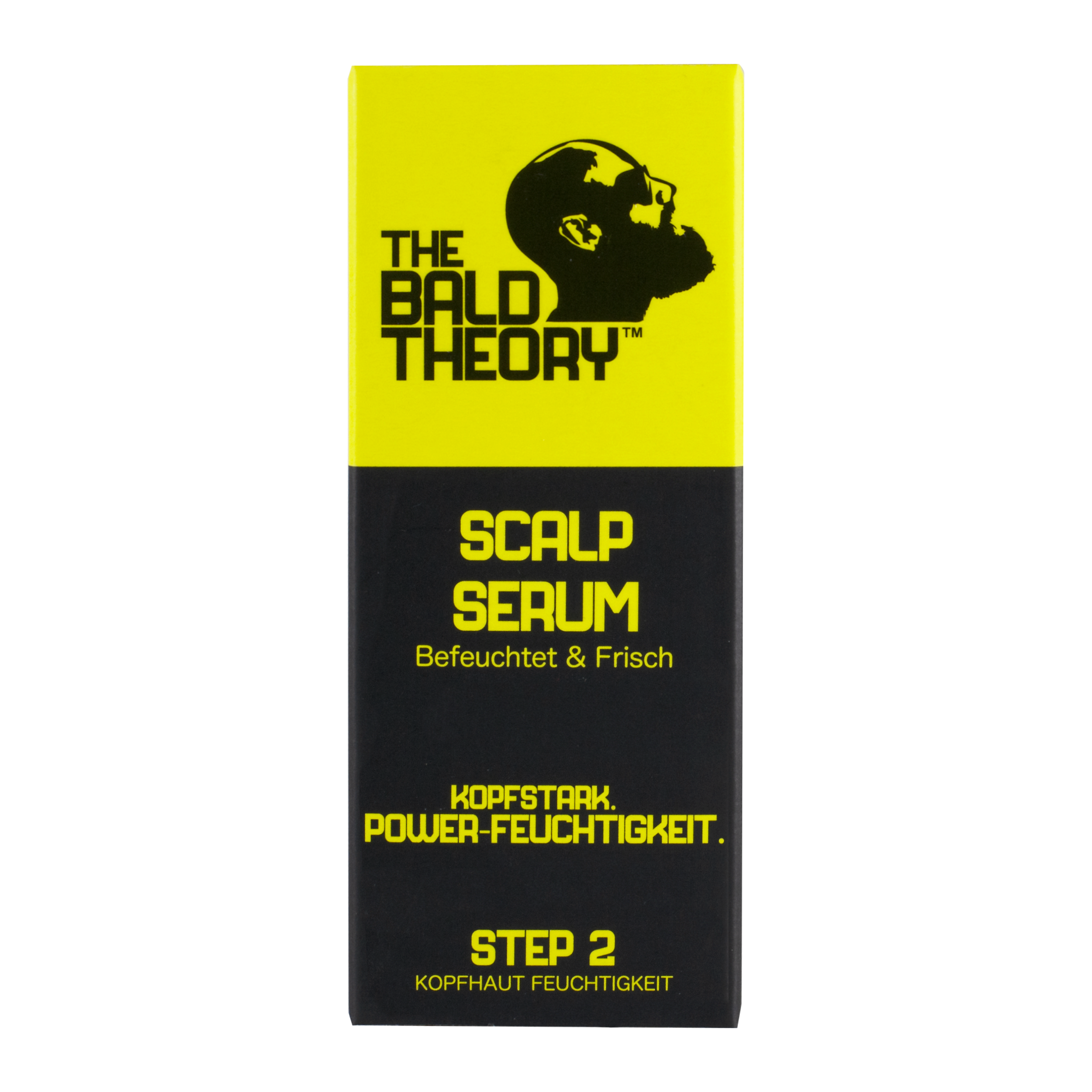 Schachtel mit dem Kopfhautserum "The Bald Theory" in Gelb und Schwarz. Auf der Schachtel ist die schwarze Silhouette eines Mannes mit Glatze abgebildet. Der Text lautet "Scalp Serum", "Befeuchtet & Frisch" und "Step 2".
