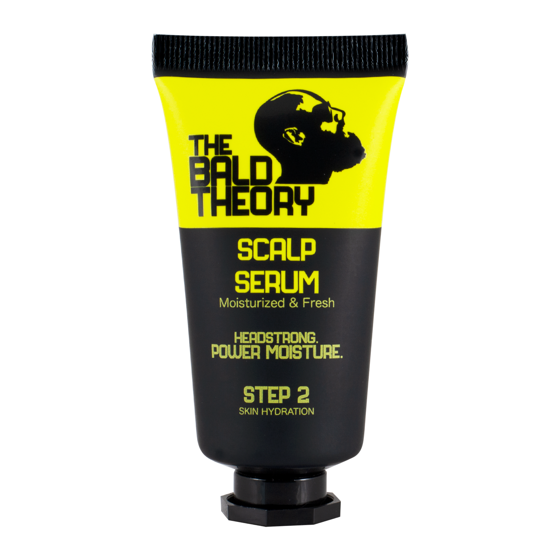 Tubo preto e amarelo do sérum hidratante THE BALD THEORY para o cuidado do couro cabeludo, sobre fundo preto