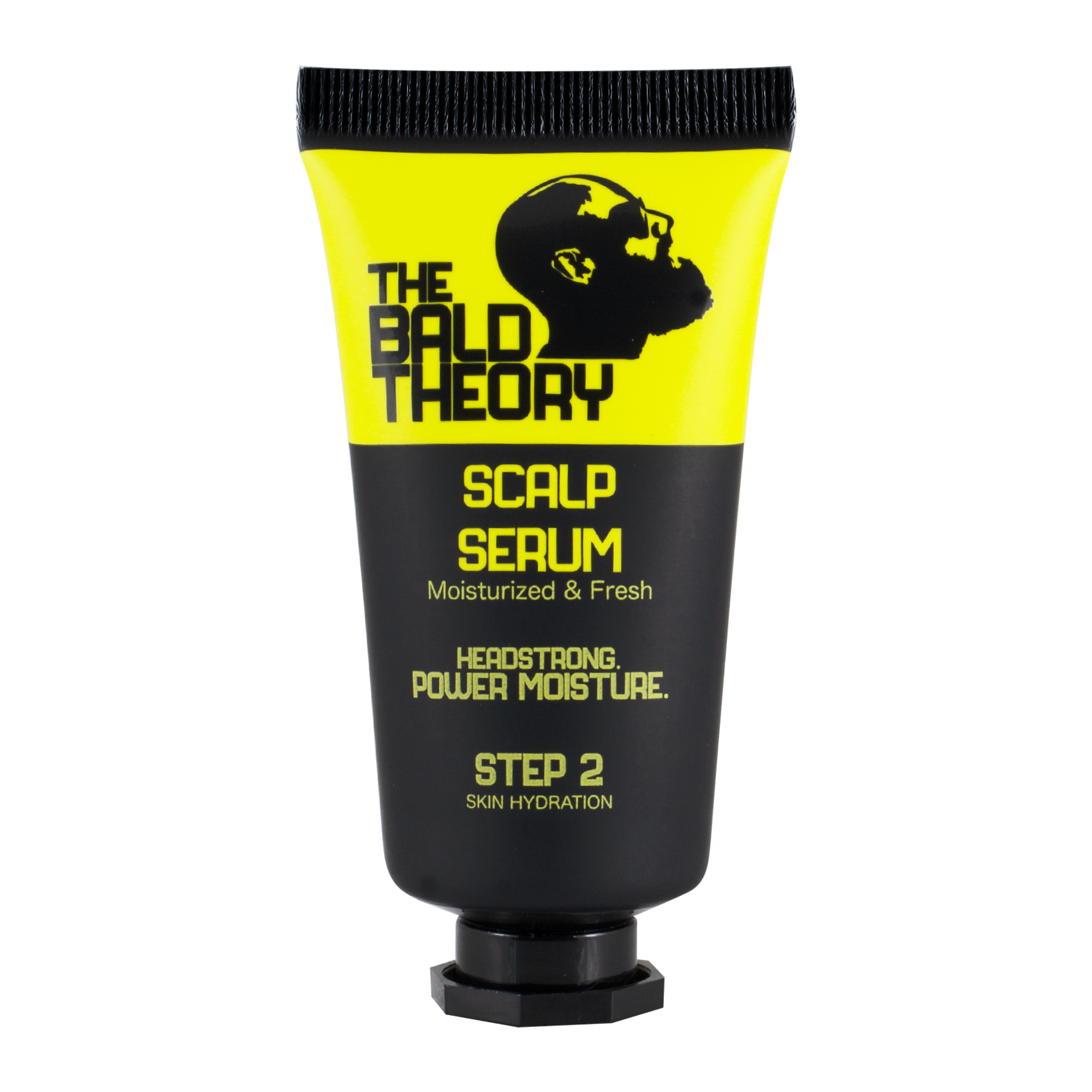 Tubo preto e amarelo do sérum hidratante THE BALD THEORY para o cuidado do couro cabeludo, sobre fundo preto