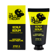Sérum hidratante THE BALD THEORY: tubo e embalagem em amarelo néon e preto sobre fundo preto