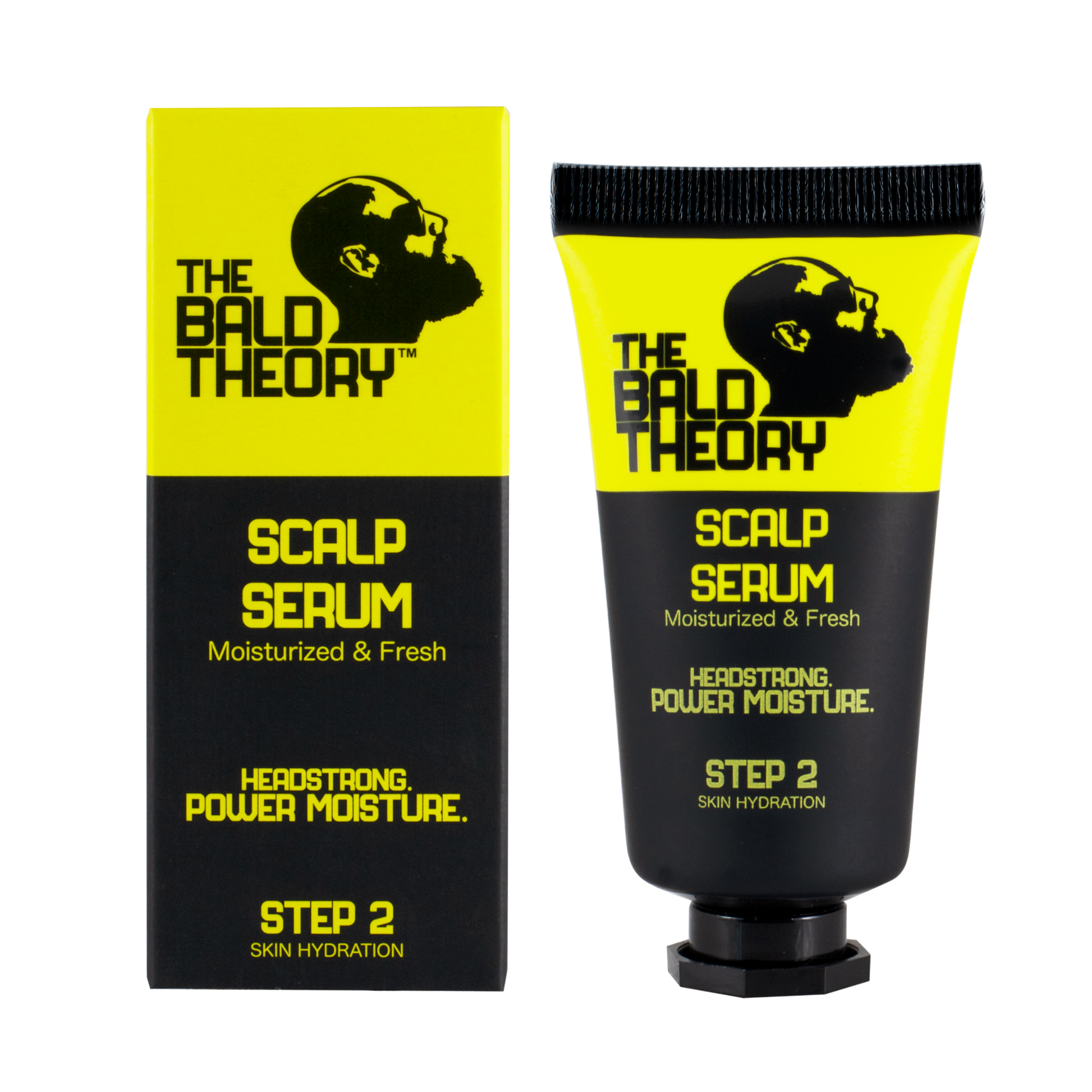 Sérum hidratante THE BALD THEORY: tubo e embalagem em amarelo néon e preto sobre fundo preto