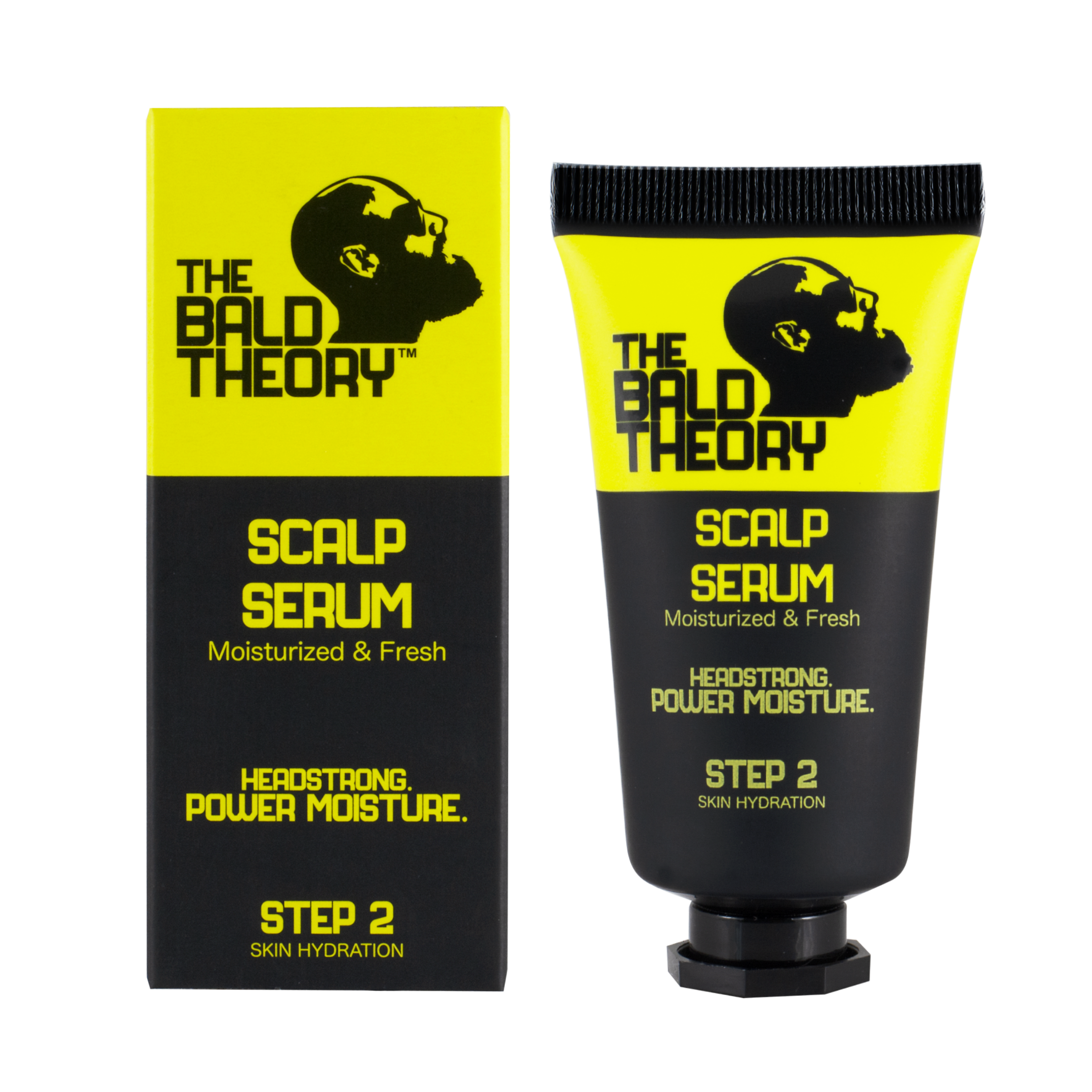 Das Bild zeigt "The Bald Theory Scalp Serum". Die Verpackung ist gelb-schwarz mit einer Tube und einer Schachtel. Das Logo zeigt einen kahlen Kopf und die Aufschrift "Step 2 Skin Hydration".