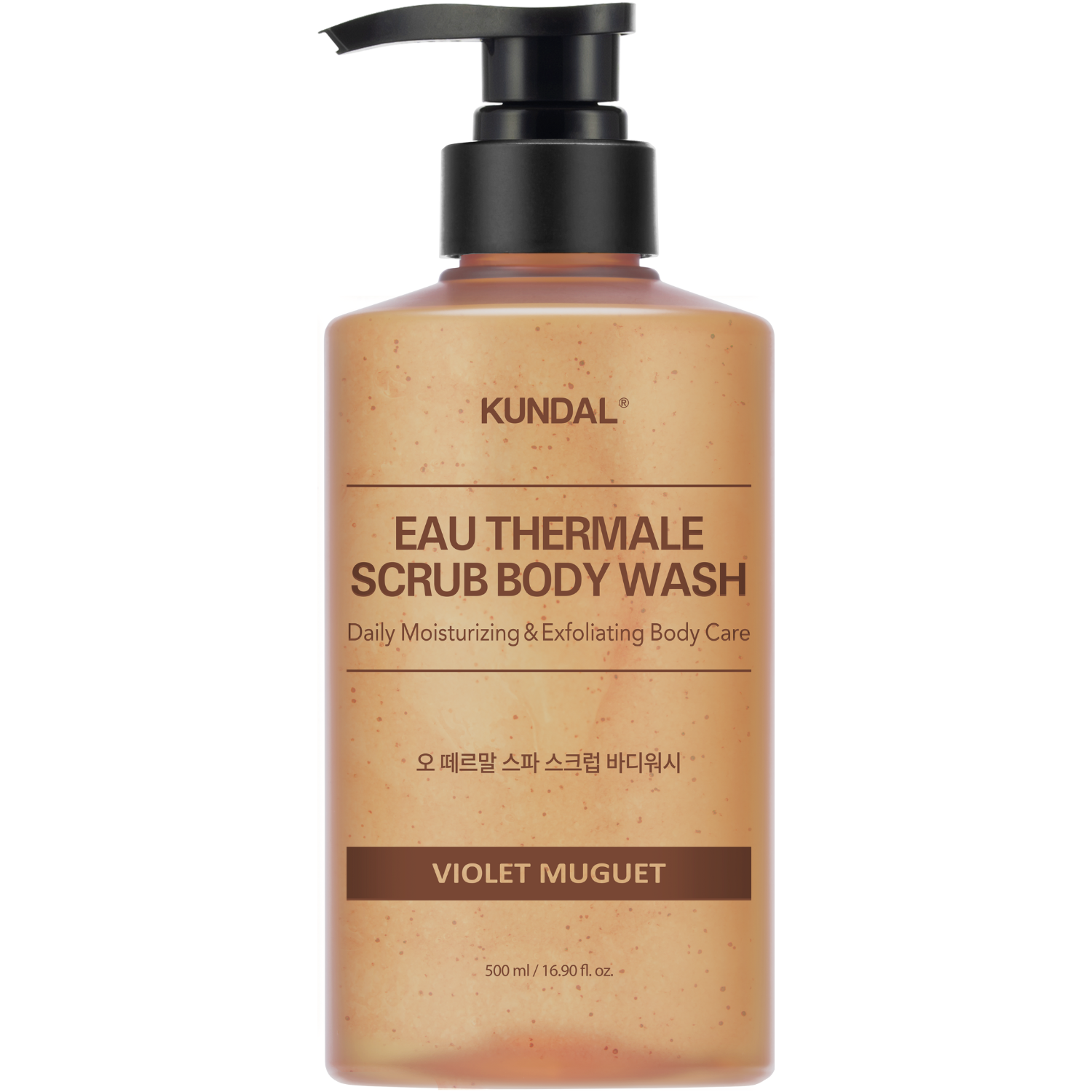 Eine Flasche Körperpeeling mit Pumpspender in hellem Braun, beschriftet mit "Eau Thermale Scrub Body Wash Violet Muget" und dem Markennamen "Kundal".