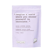 Embalagem de 100 g em tom violeta claro do esfoliante FRANK BODY Cacao Coffee Scrub, com uma frase em inglês na parte da frente