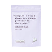 Embalagem em saco vertical branco do esfoliante FRANK BODY Cacao Coffee Scrub, com uma frase em inglês
