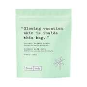 Embalagem verde-claro do FRANK BODY Coconut Coffee Scrub 200 g com uma pequena palmeira sobre fundo branco