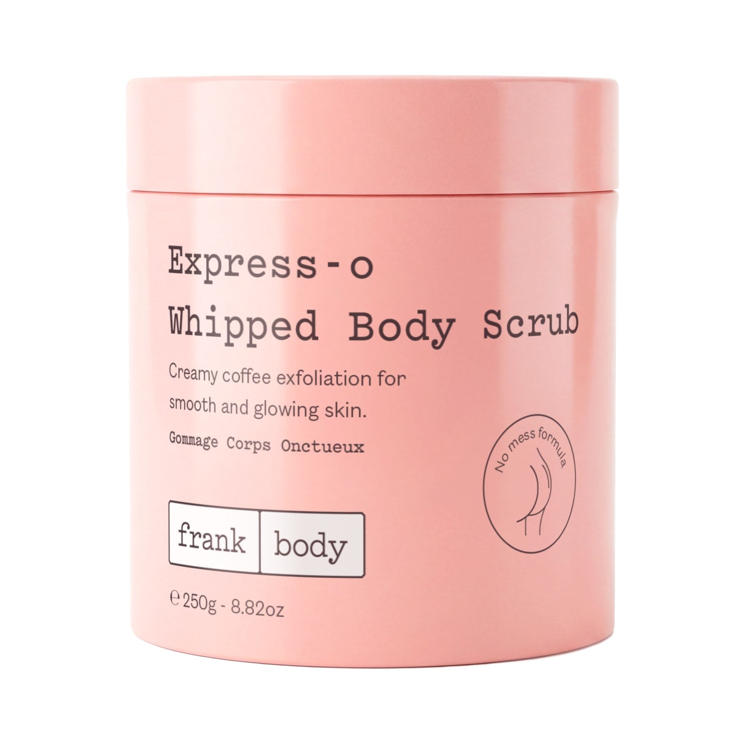 Rosa Tiegel des FRANK BODY Express-o Whipped Body Scrub Körperpeelings auf weißem Hintergrund
