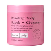 Pinker Tiegel des FRANK BODY Rosehip Body Scrub + Cleanser Körperpeelings vor weißem Hintergrund