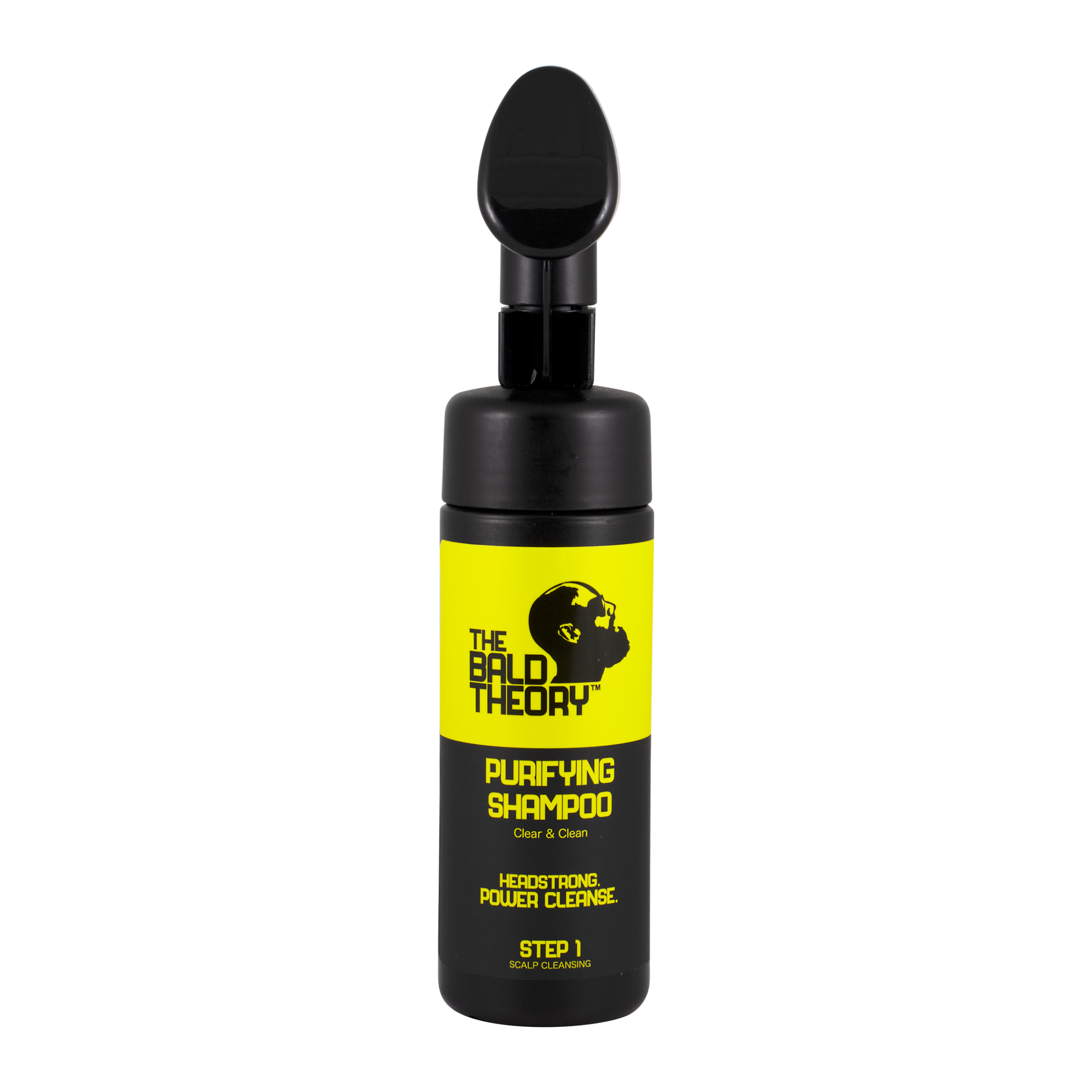 Schwarze Shampoo-Flasche "THE BALD THEORY Purifying Shampoo" mit gelbem Etikett und Spender, Frontalansicht.