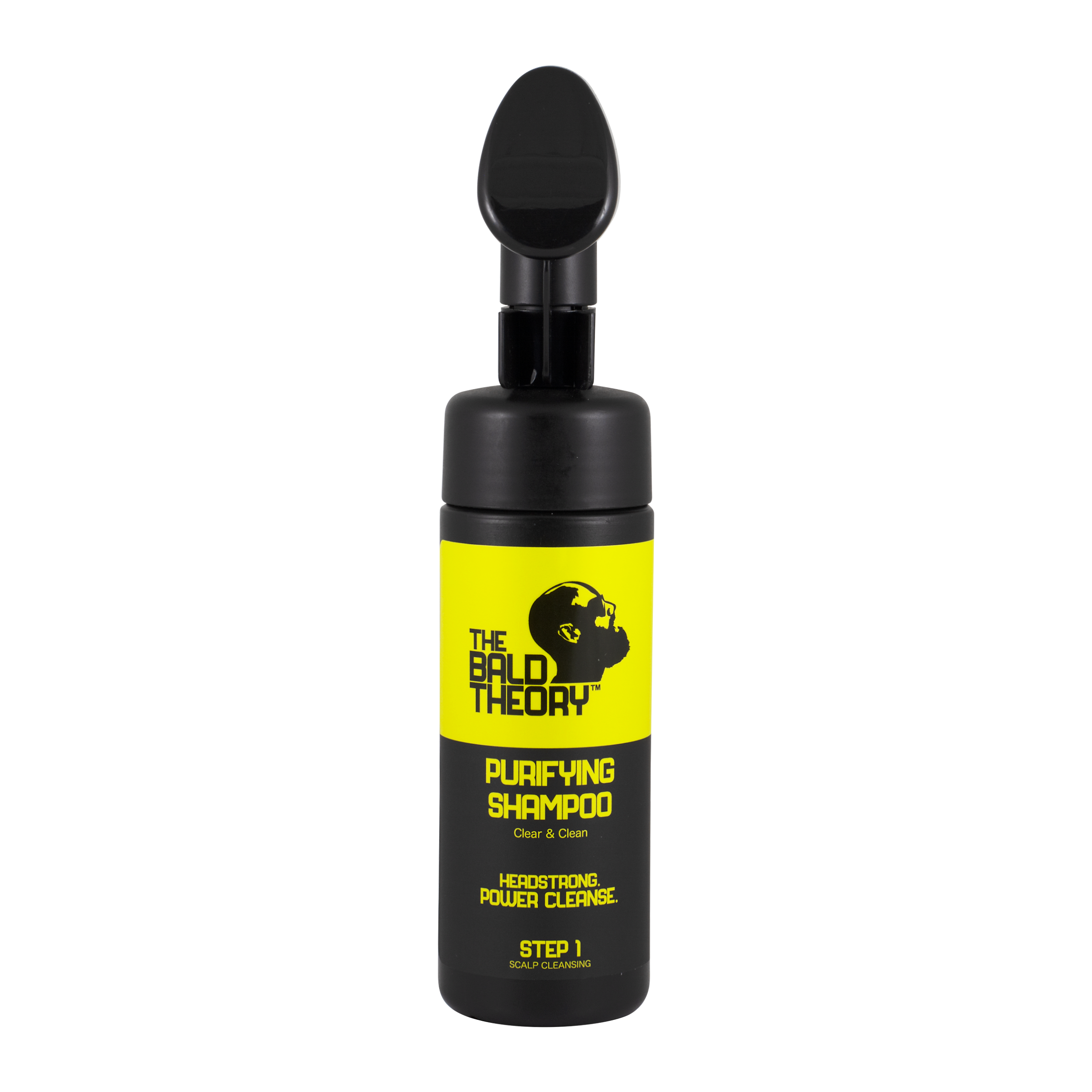 Schwarze Shampoo-Flasche "THE BALD THEORY Purifying Shampoo" mit gelbem Etikett und Spender, Frontalansicht.