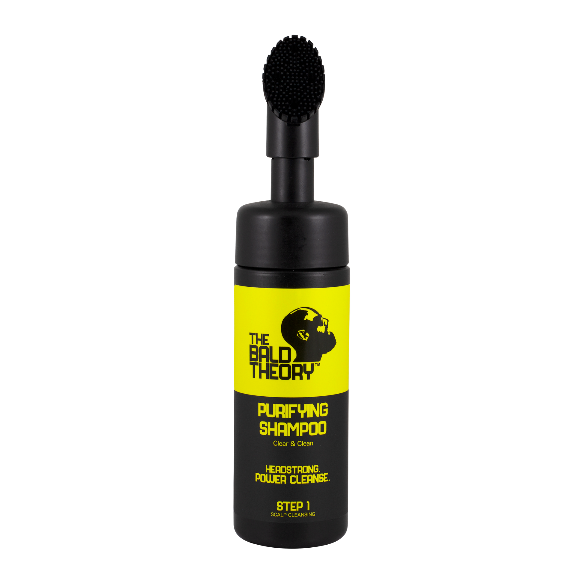 Schwarze Shampoo-Flasche mit Bürstenaufsatz. Gelbes Etikett mit "The Bald Theory Purifying Shampoo". Text in Schwarz.
