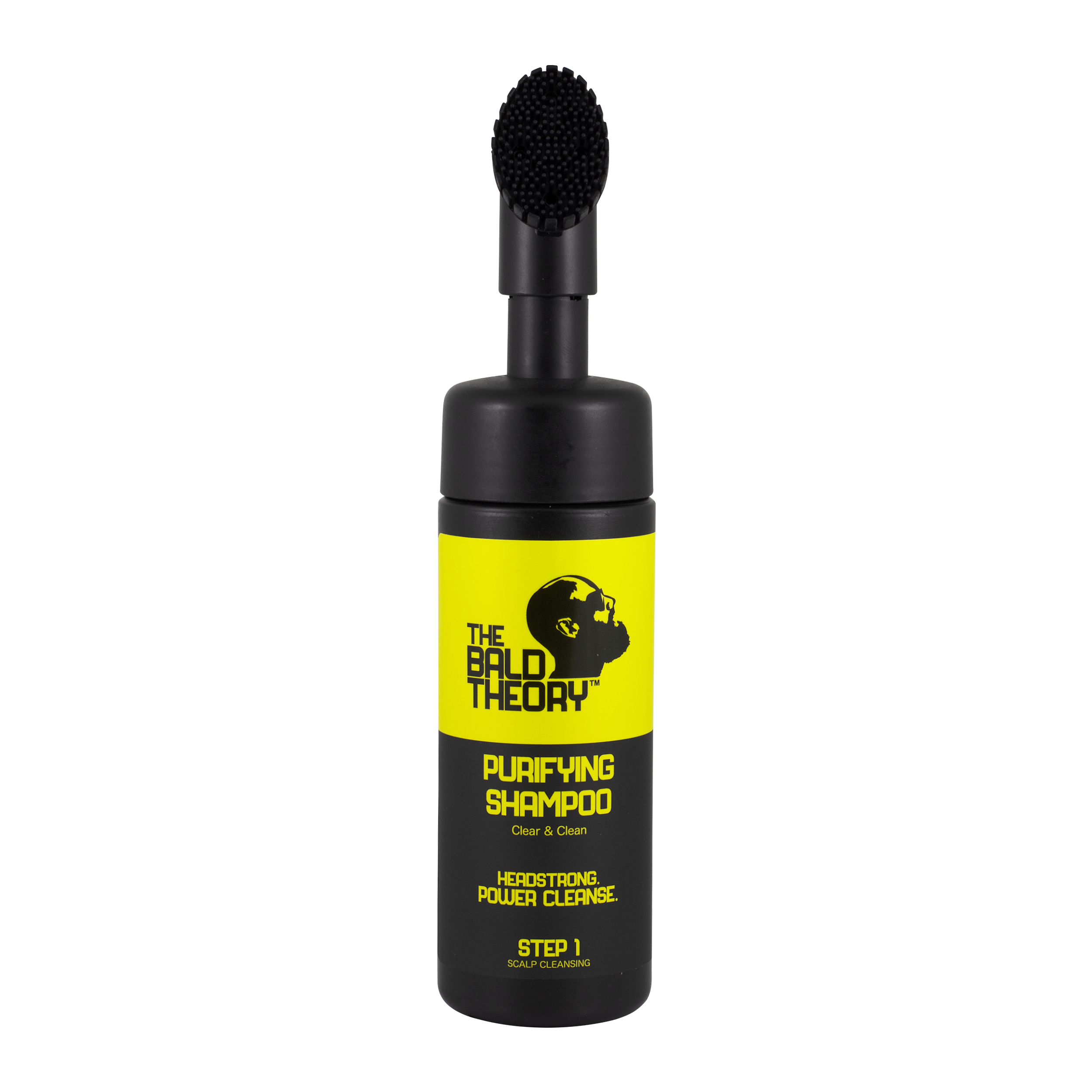 Schwarze Shampoo-Flasche mit Bürstenaufsatz. Gelbes Etikett mit "The Bald Theory Purifying Shampoo". Text in Schwarz.