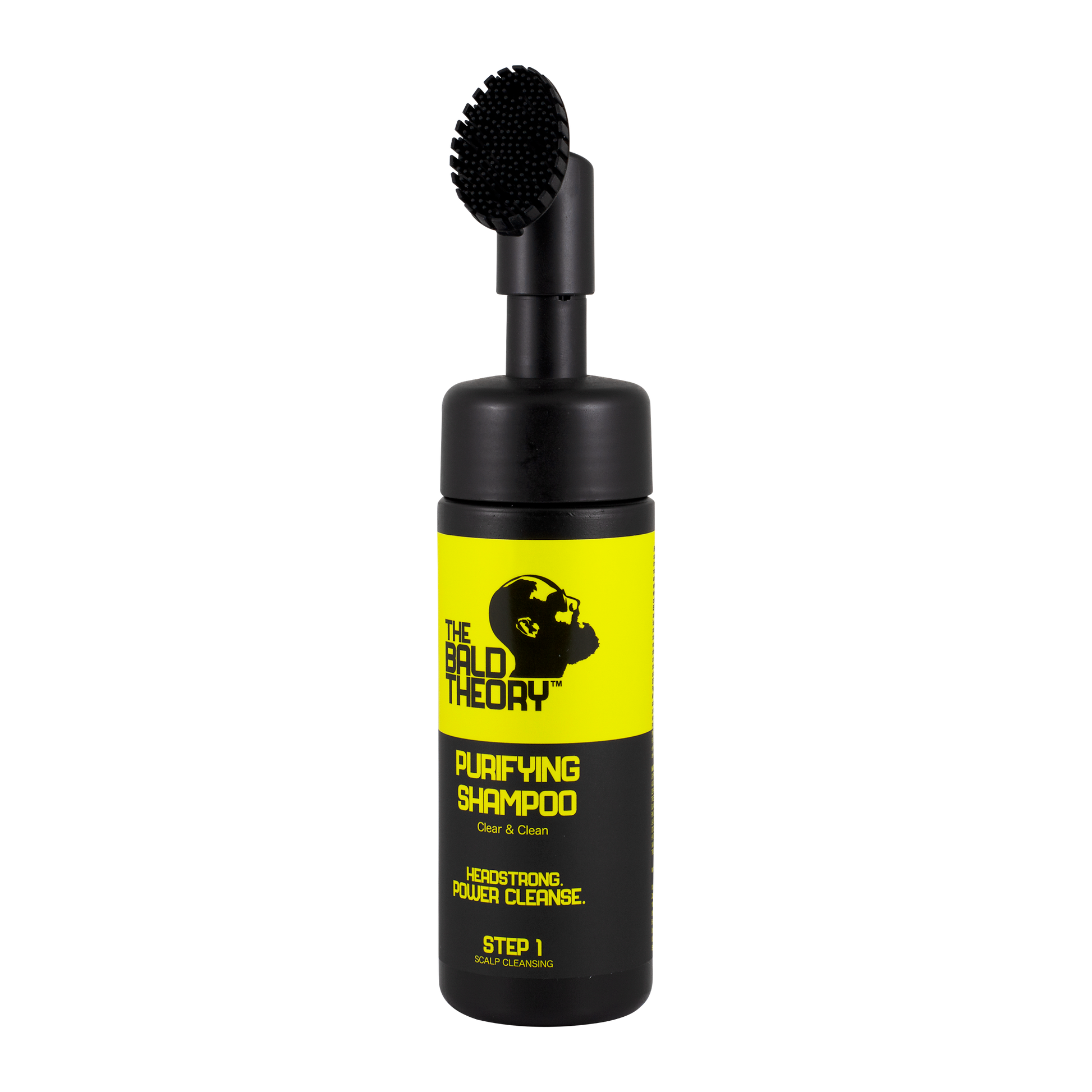 Schwarze Shampoo-Flasche mit gelbem Etikett und Bürstenaufsatz. Aufschrift: "THE BALD THEORY Purifying Shampoo".
