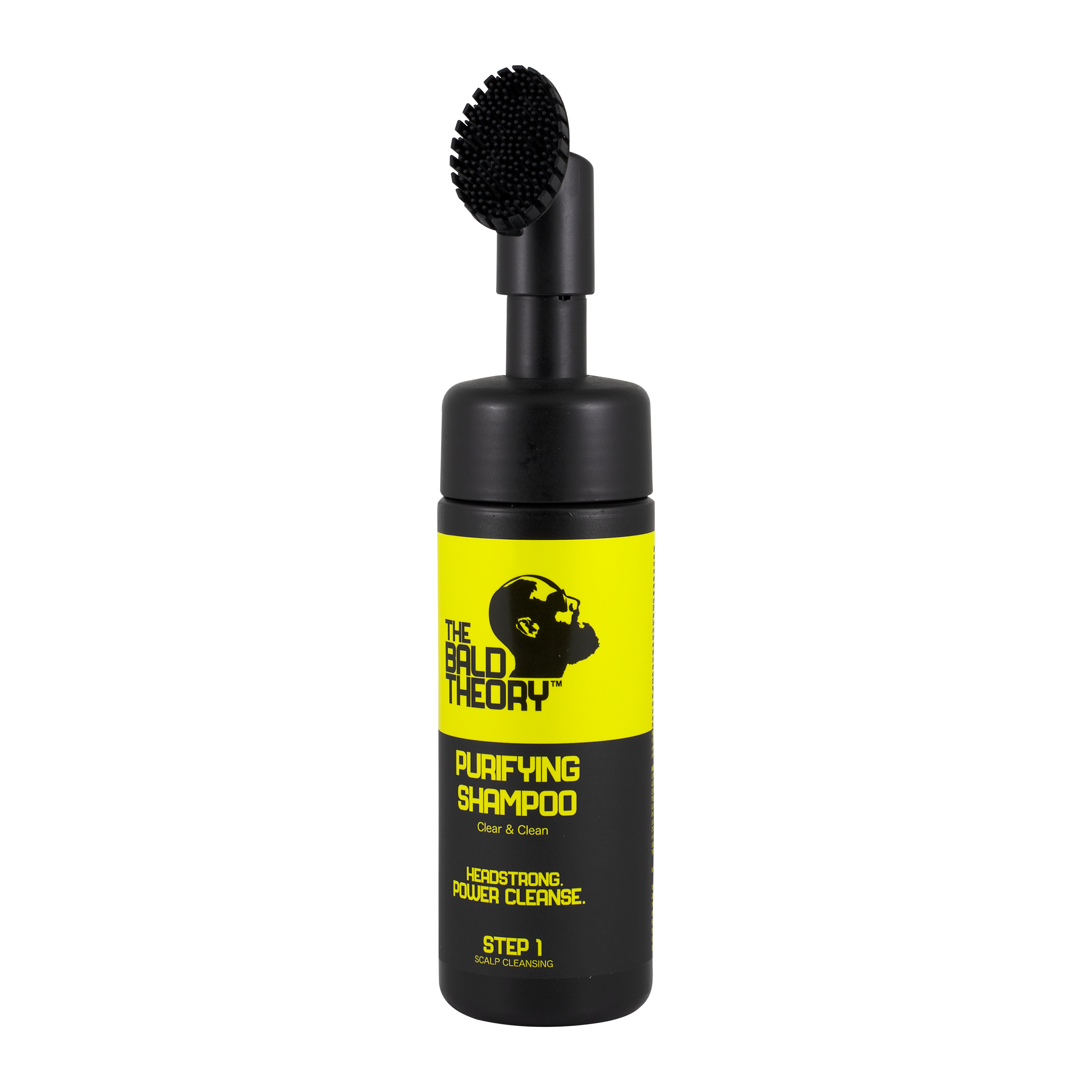 Schwarze Shampoo-Flasche mit gelbem Etikett und Bürstenaufsatz. Aufschrift: "THE BALD THEORY Purifying Shampoo".