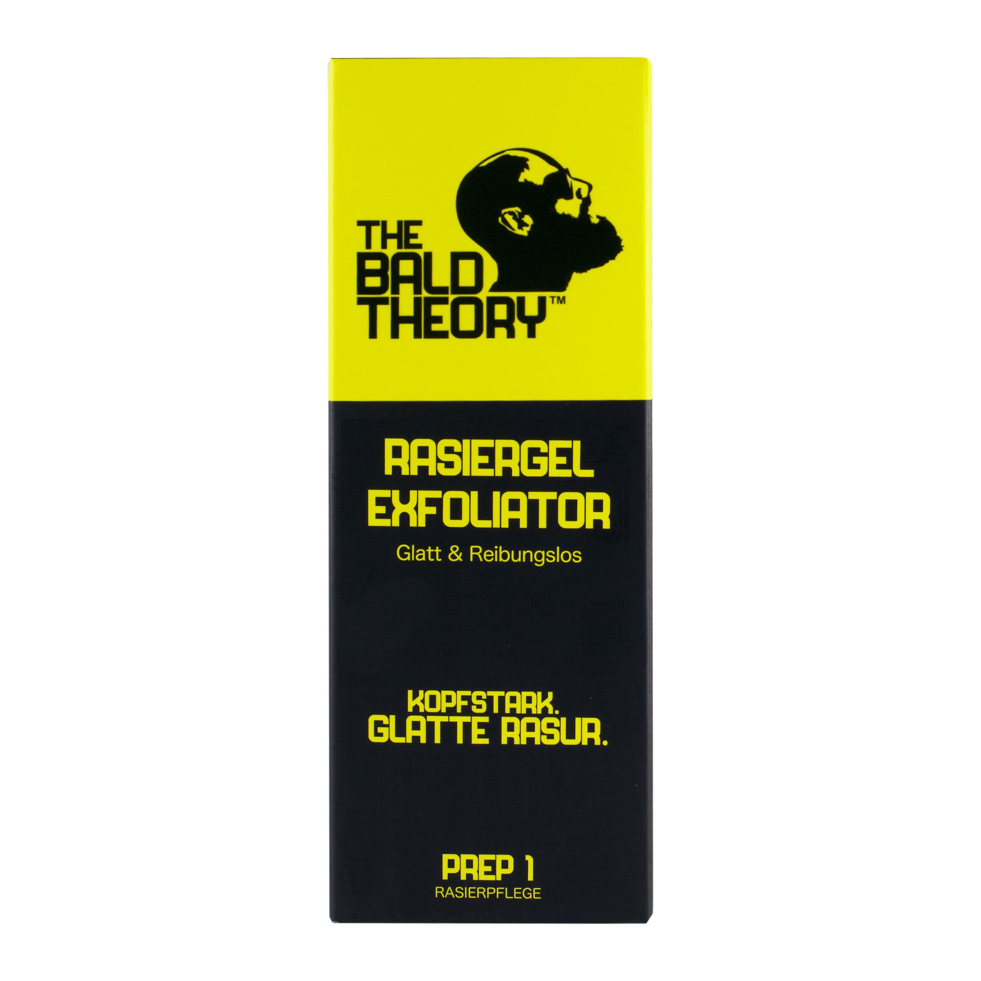 Eine gelb-schwarze Schachtel des Rasiergel-Peelings "The Bald Theory" mit einer Kopfsilhouette und fettgedruckten Produktangaben.

