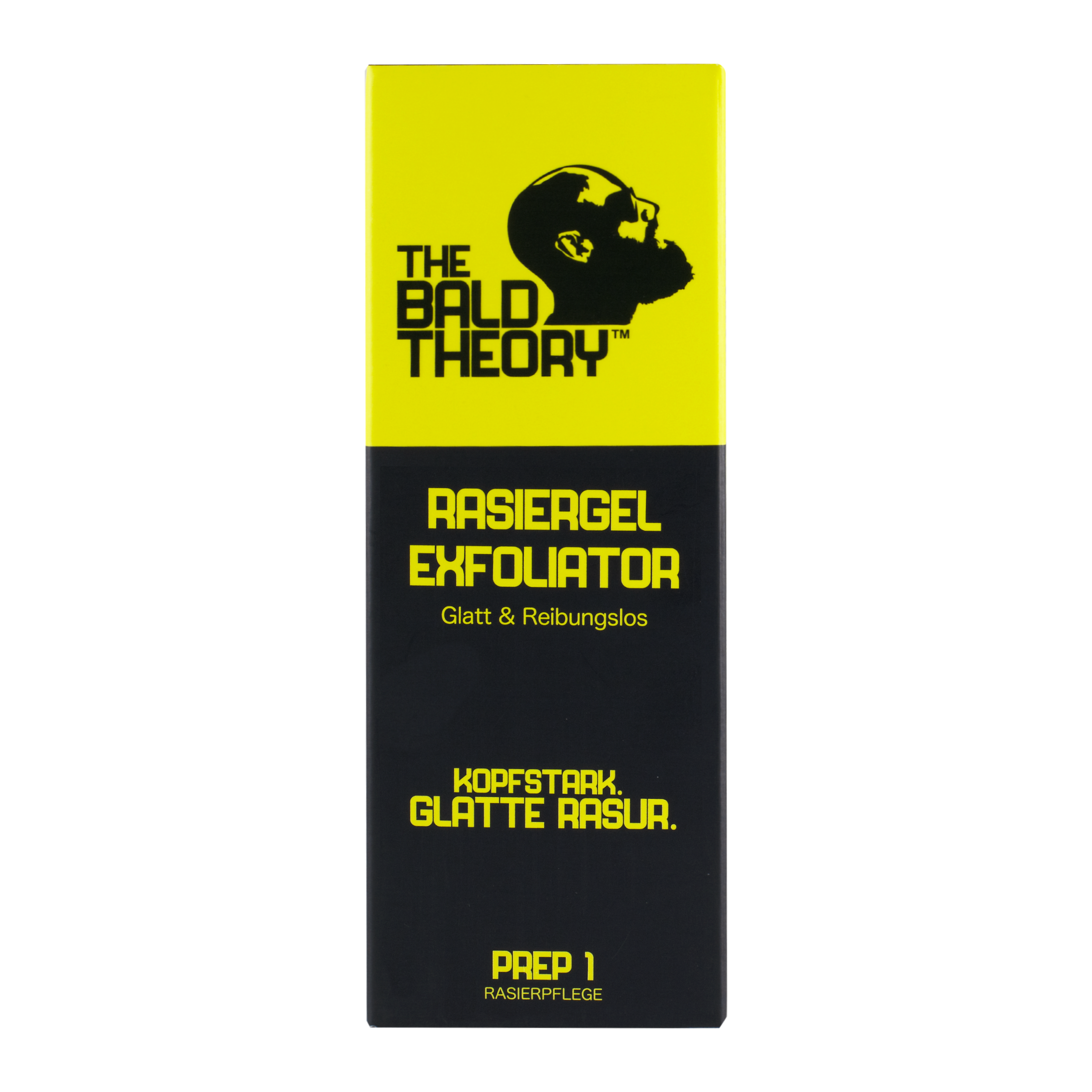 Eine gelb-schwarze Schachtel des Rasiergel-Peelings "The Bald Theory" mit einer Kopfsilhouette und fettgedruckten Produktangaben.
