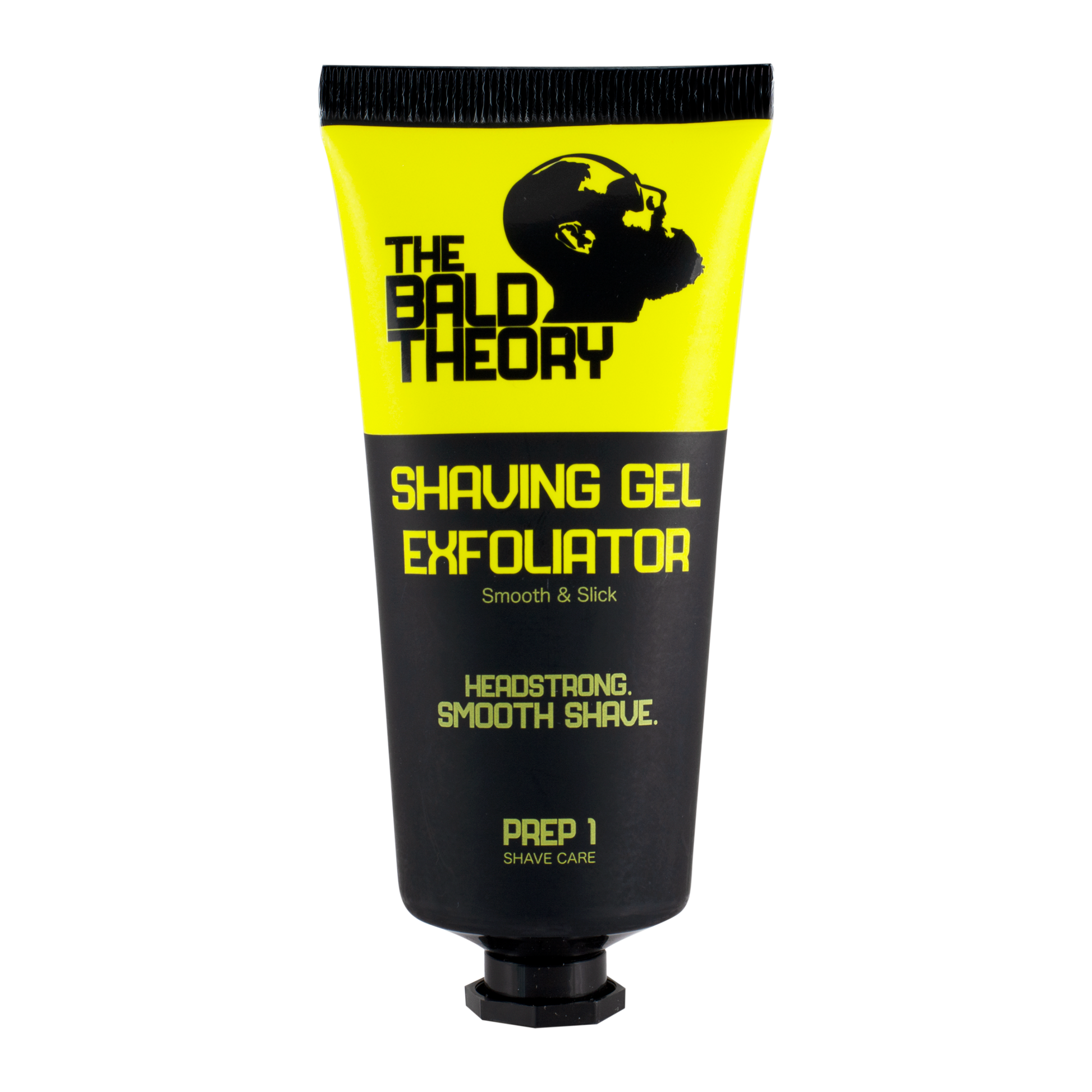 Eine Tube "The Bald Theory" Rasiergel-Peeling. Der obere Teil ist gelb, mit dem Markennamen und einer Glatzengrafik in schwarz. Der untere Teil ist schwarz mit gelbem Text.