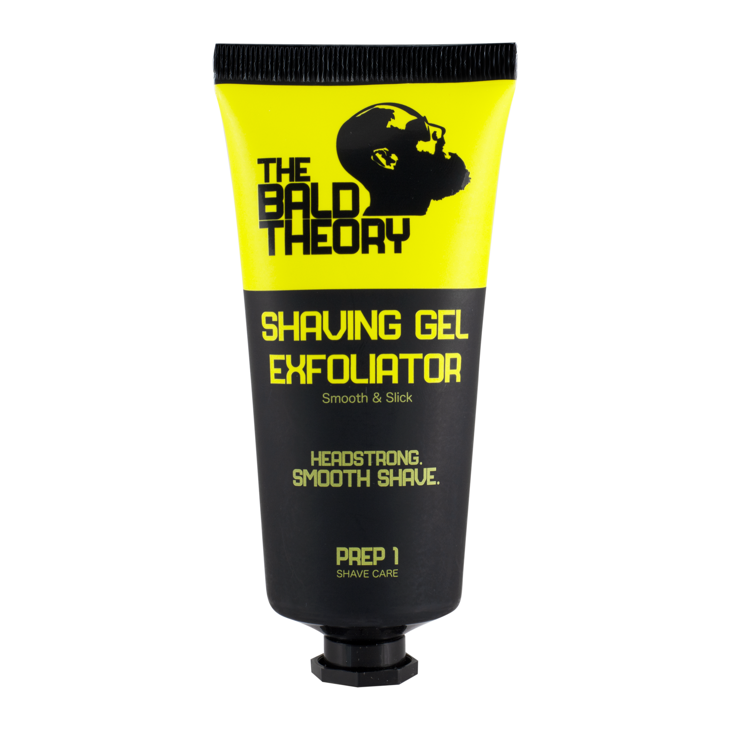 Eine Tube "The Bald Theory" Rasiergel-Peeling. Der obere Teil ist gelb, mit dem Markennamen und einer Glatzengrafik in schwarz. Der untere Teil ist schwarz mit gelbem Text.