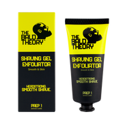 Eine schwarz-gelbe Tube und Schachtel mit dem Rasiergel-Peeling "The Bald Theory". Das Logo zeigt das Profil eines kahlen Mannes. "Smooth & Slick" und "Headstrong. Smooth Shave." sind ebenfalls auf den Produkten aufgedruckt.
