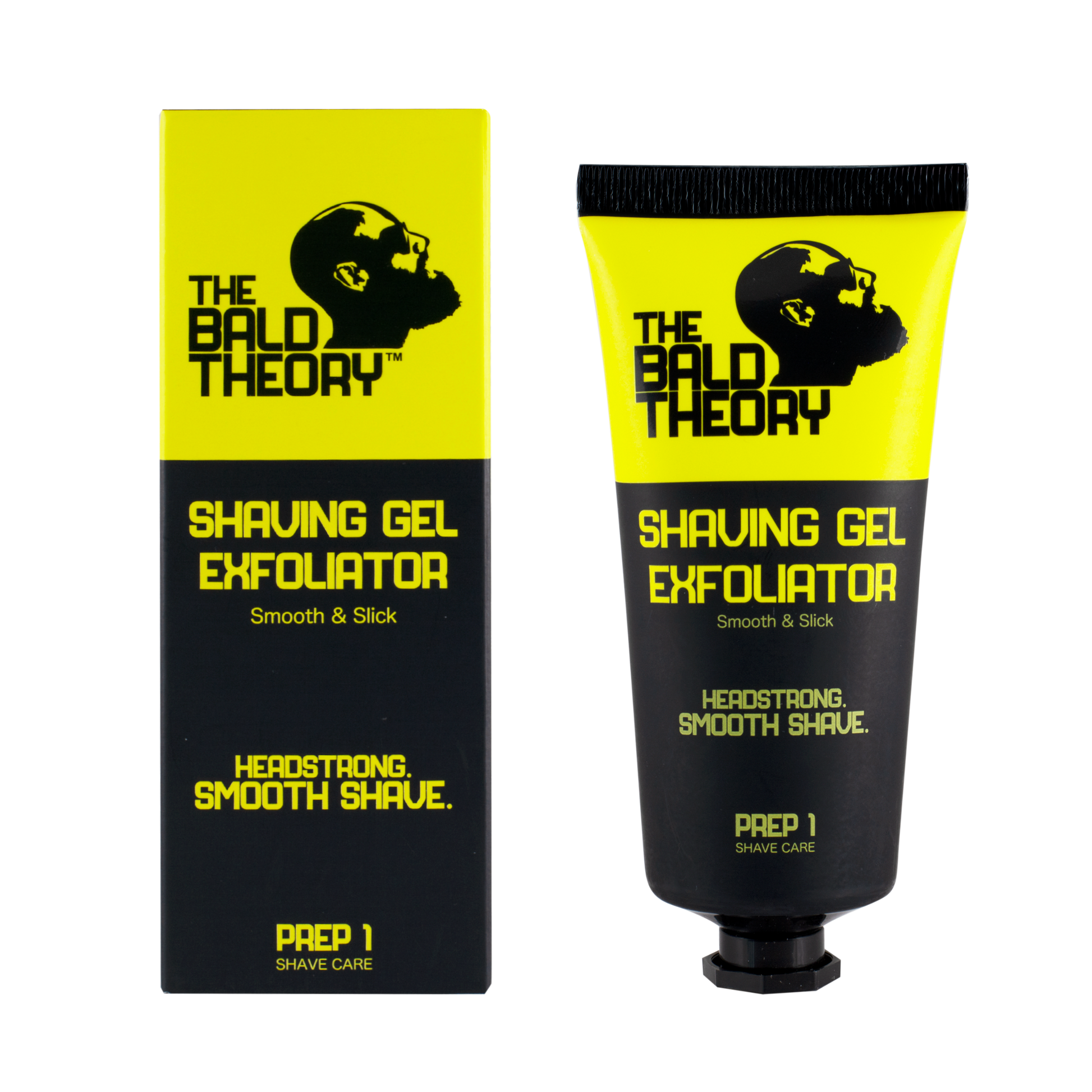 Eine schwarz-gelbe Tube und Schachtel mit dem Rasiergel-Peeling "The Bald Theory". Das Logo zeigt das Profil eines kahlen Mannes. "Smooth & Slick" und "Headstrong. Smooth Shave." sind ebenfalls auf den Produkten aufgedruckt.
