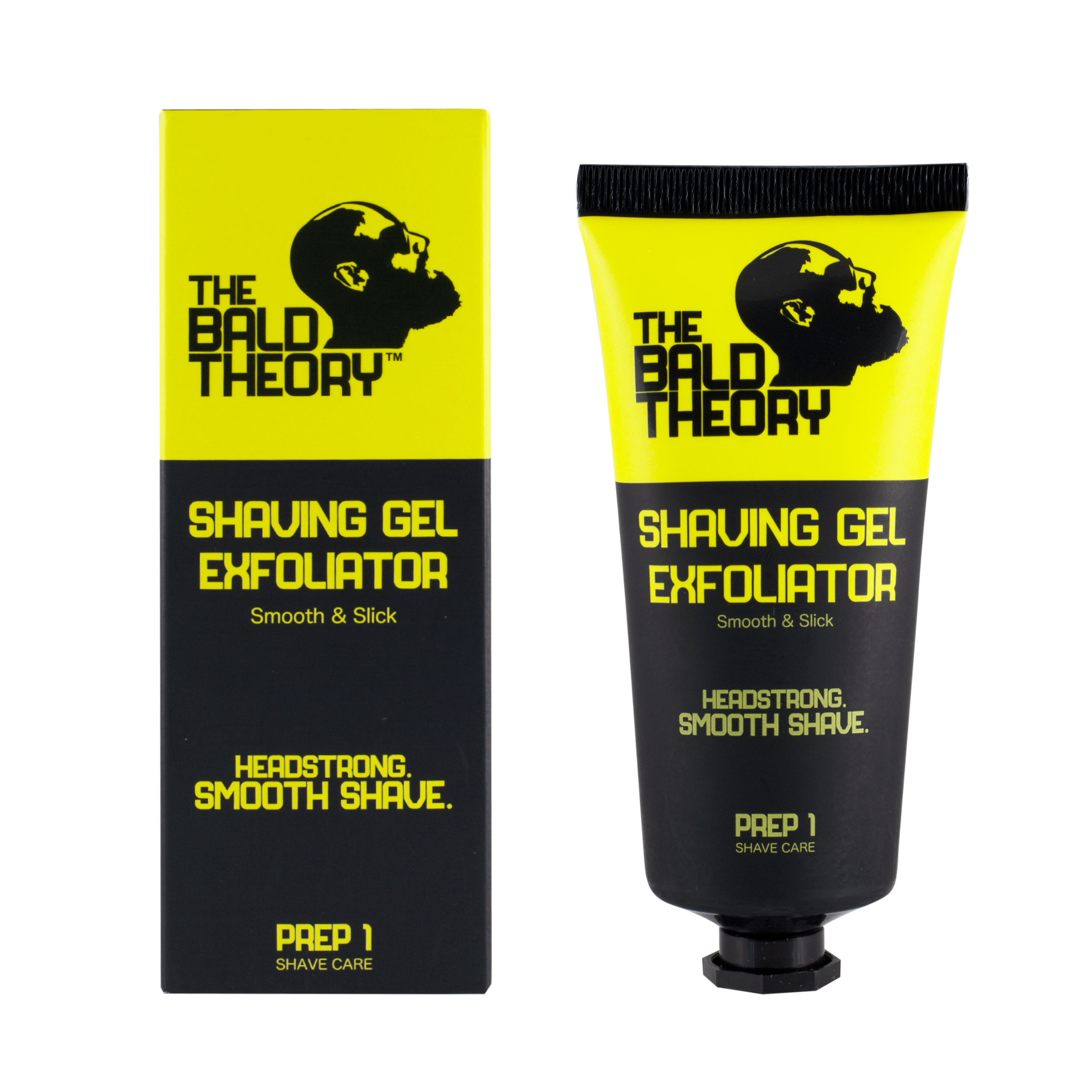 Eine schwarz-gelbe Tube und Schachtel mit dem Rasiergel-Peeling "The Bald Theory". Das Logo zeigt das Profil eines kahlen Mannes. "Smooth & Slick" und "Headstrong. Smooth Shave." sind ebenfalls auf den Produkten aufgedruckt.
