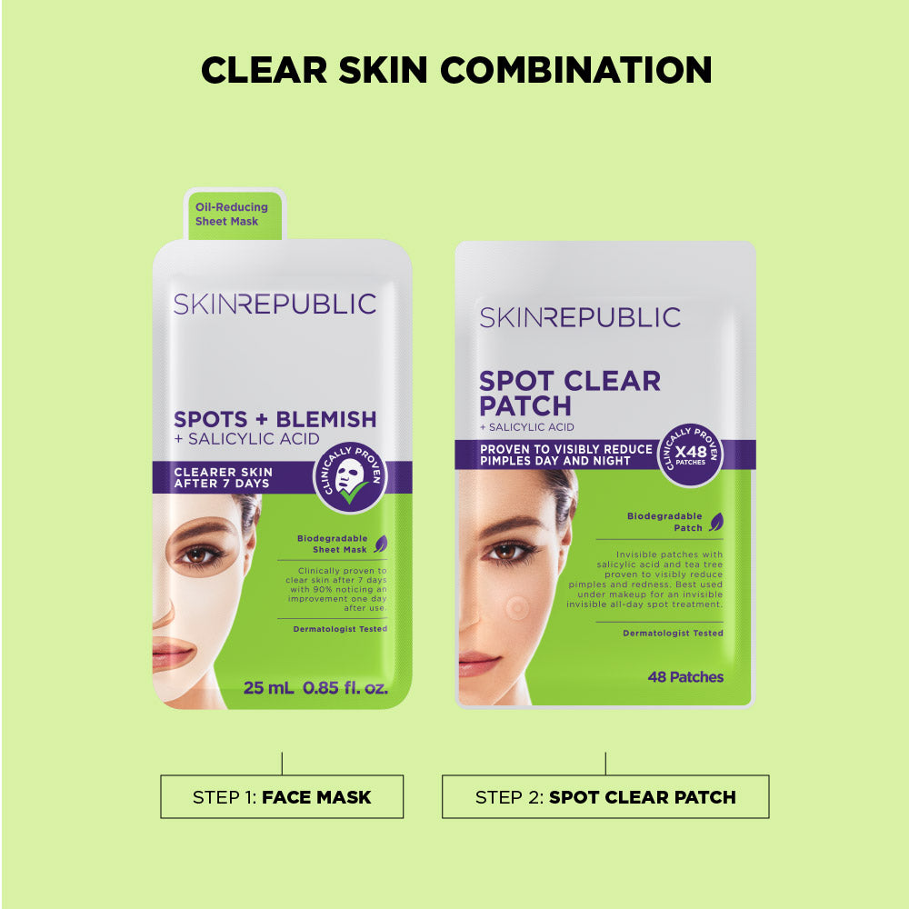 Zwei Skin Republic Produkte: eine Gesichtsmaske und ein Spot Clear Patch. Beide Produkte werben mit klinisch erwiesener Wirkung zur Verbesserung des Hautbilds. "Clear Skin Combination" als Überschrift.
