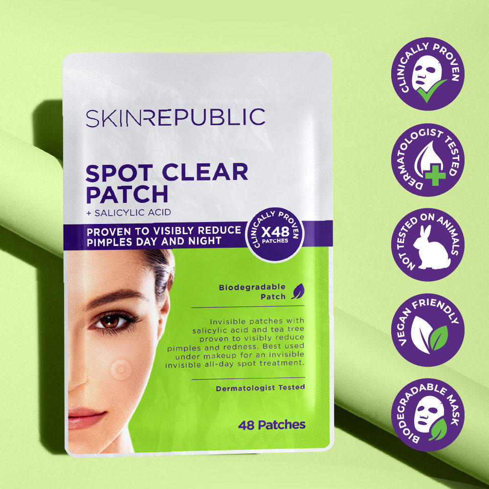 Verpackung für Spot Clear Patches von Skin Republic. Diese sollen Pickel reduzieren und sind klinisch geprüft. Die Patches sind vegan, biologisch abbaubar und dermatologisch getestet.