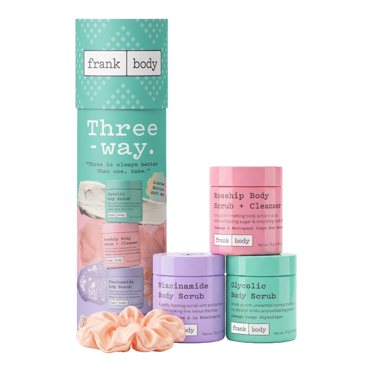 FRANK BODY Three-Way Kit mit drei bunten Körperpeeling-Tiegeln, runder Geschenkbox und pfirsichfarbenem Scrunchie