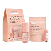 FRANK BODY Triple Shot Kit with coffee scrub, fragrance spray, and lip balm, alongside the pink gift box