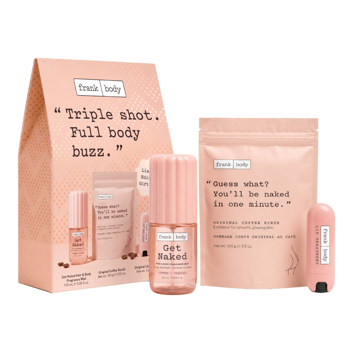 FRANK BODY Triple Shot Kit mit Kaffee-Peeling, Duftspray und Lippenpflege neben der rosa Geschenkbox