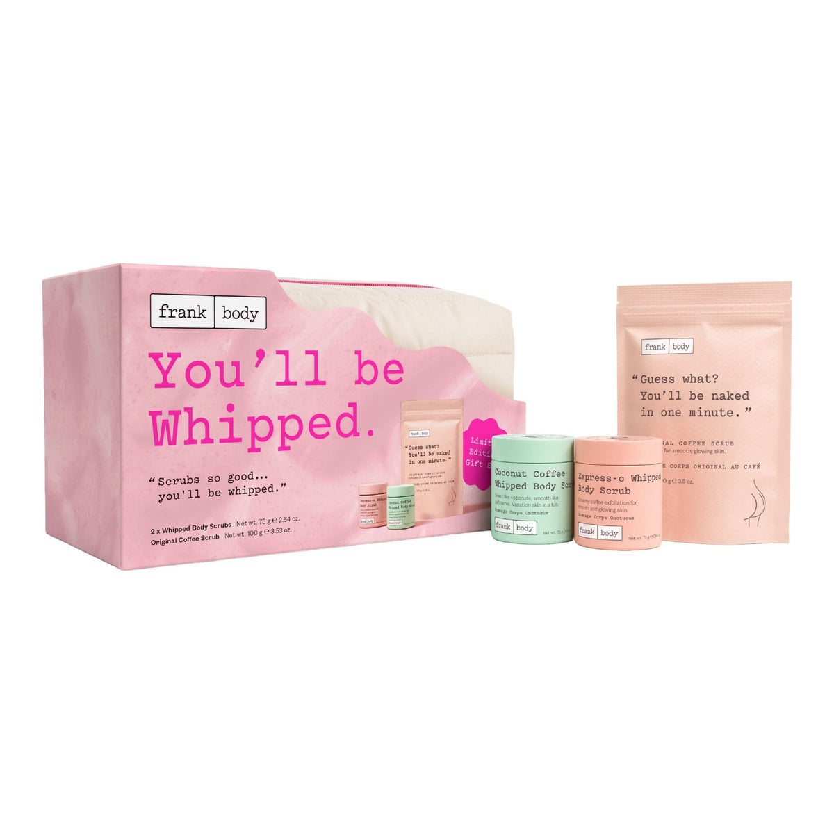 FRANK BODY You'll Be Whipped Kit mit rosa Geschenkbox, Kosmetiktasche, zwei Peeling-Tiegeln und Kaffee-Körperpeeling