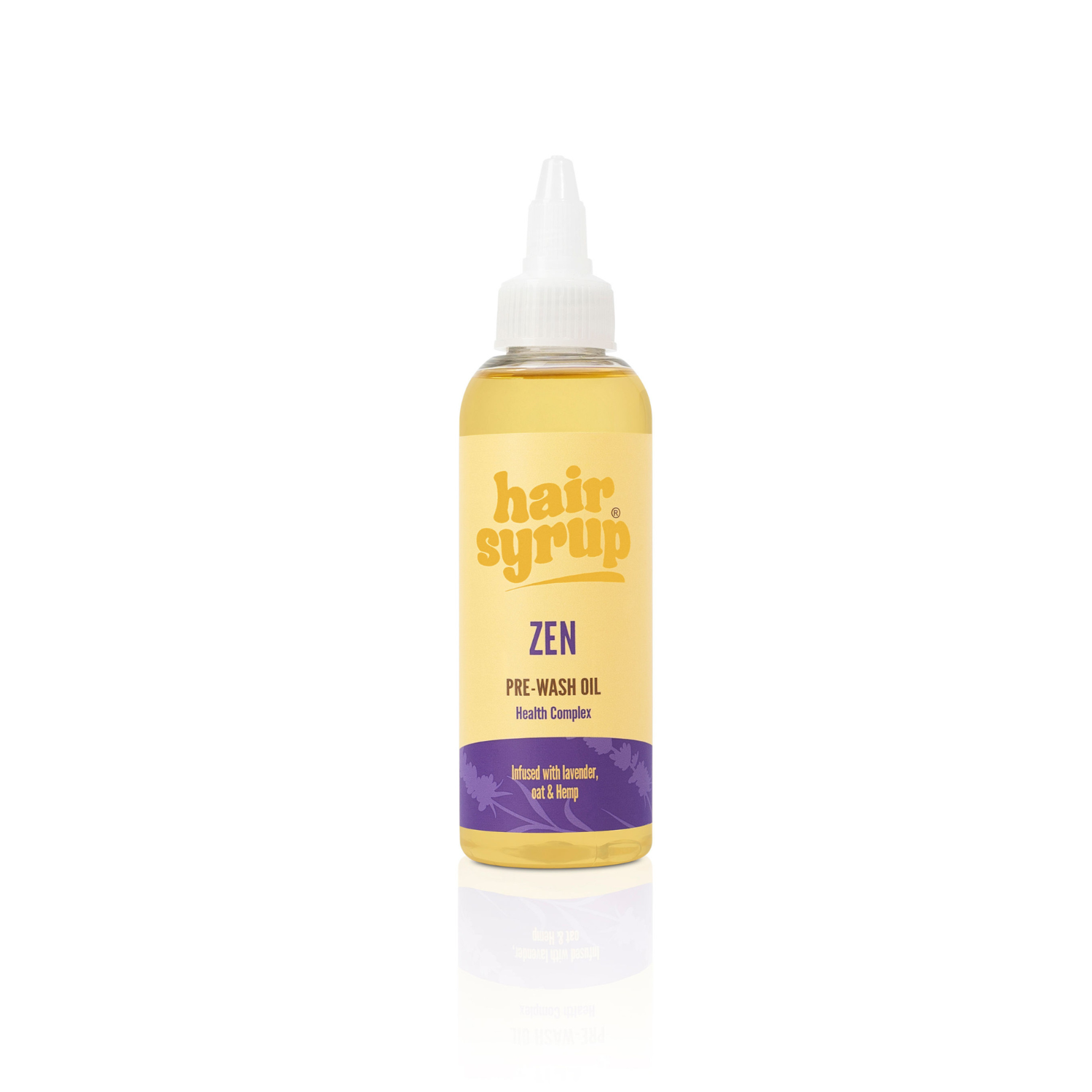 Gelbe Flasche Haaröl mit weißem Verschluss. Das Etikett ist gelb mit violetter Bordüre und Schriftzug "Hair Syrup Zen Pre-Wash Oil".