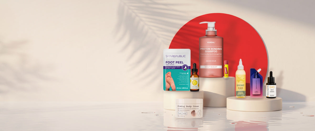 BONSANA Exklusiv-Marken: KUNDAL, Carmex, Skin Republic, Mad Hippie, Hair Syrup, HIDEHERE, Skincyclopedia und frank body vor einer roten Sonne