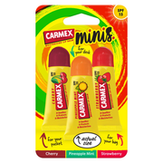 CARMEX Lip Balm Mini Tubes, 3-Pack, SPF 15, 15g, with three yellow tubes—Cherry, Pineapple Mint, and Strawberry—lined up side by side in blister packaging