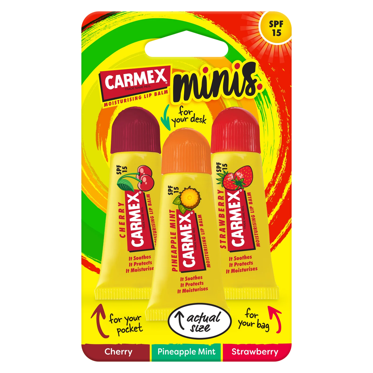 CARMEX Lip Balm Mini Tubes, 3-Pack, SPF 15, 15g, with three yellow tubes—Cherry, Pineapple Mint, and Strawberry—lined up side by side in blister packaging