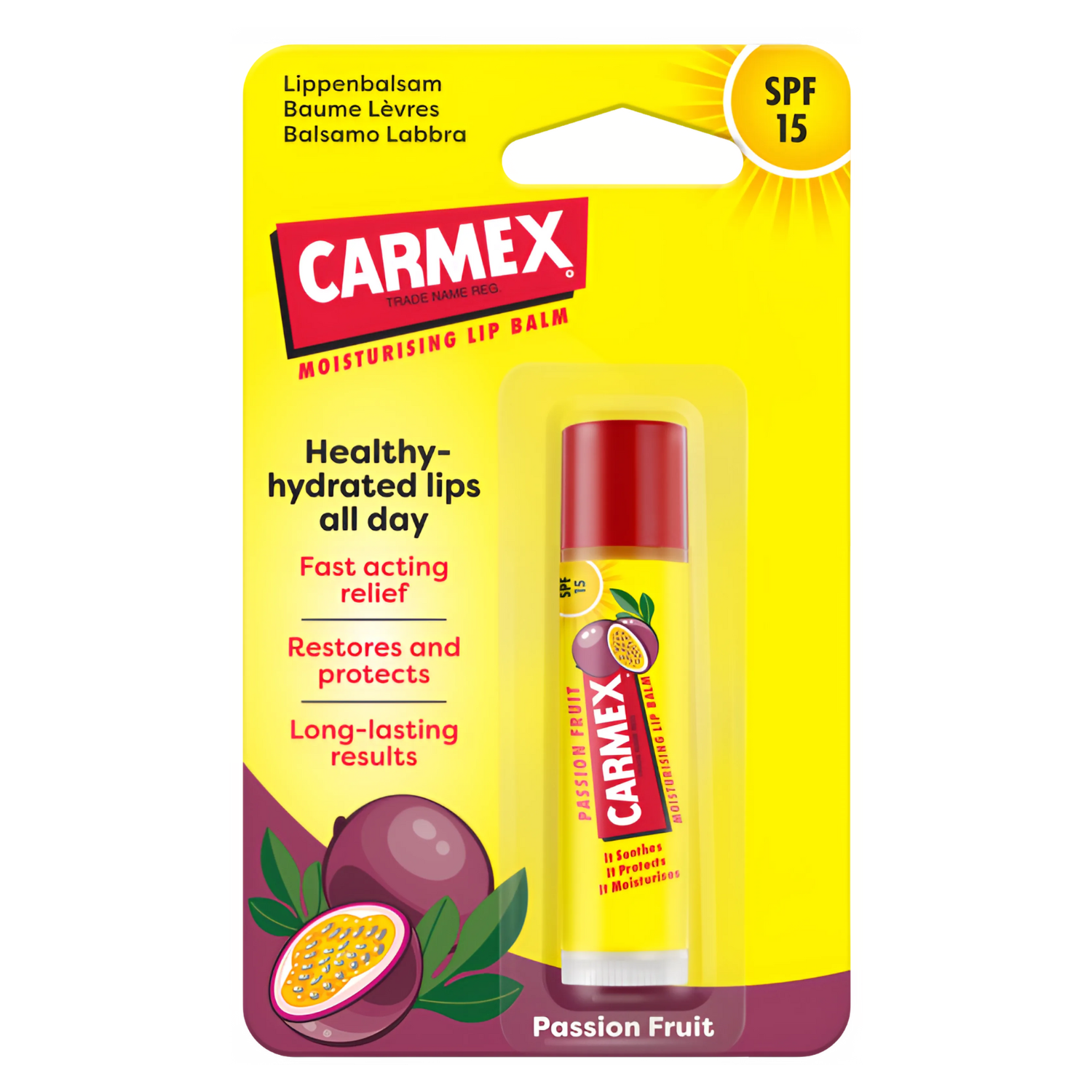 Verpackung eines gelben Lippenbalsams mit roter Schrift CARMEX, Sorte Passion Fruit, mit Schutzfaktor 15. Illustration einer Passionsfrucht.