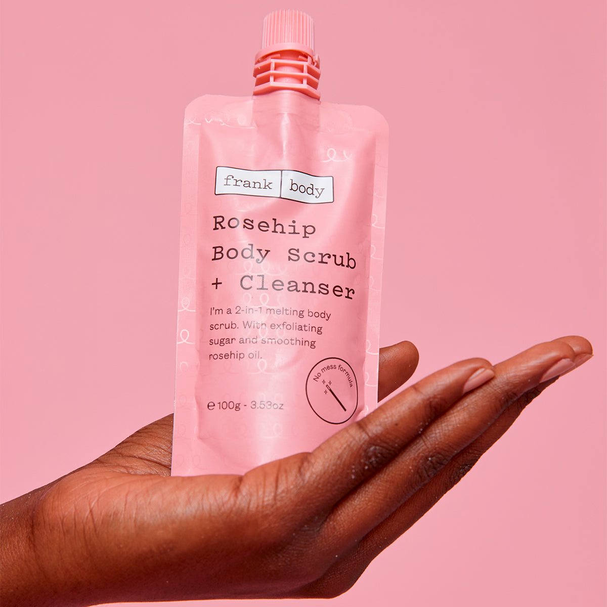 FRANK BODY Rosehip Body Scrub und Cleanser 100g Detail – Sachet mit Hagebutten-Pflege